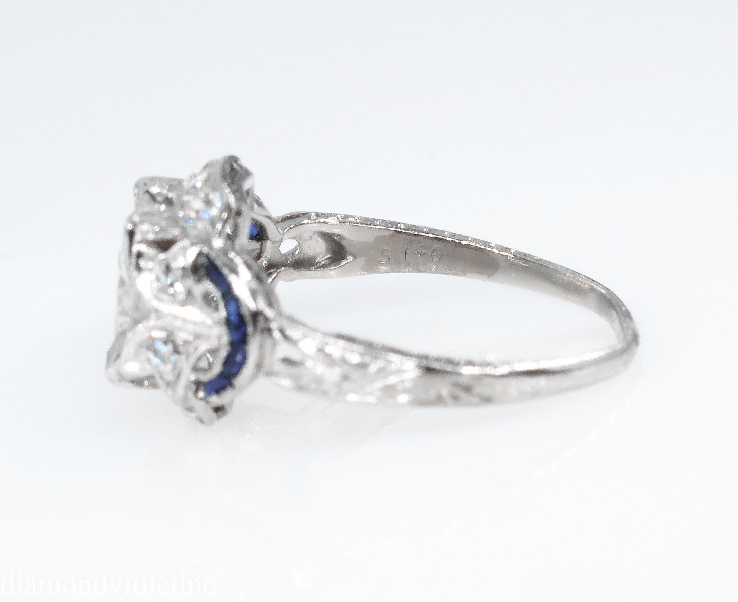 Women's Antique 1.71 Carat Old Euro Diamond Sapphire Wedding Platinum Ring EGL, USA