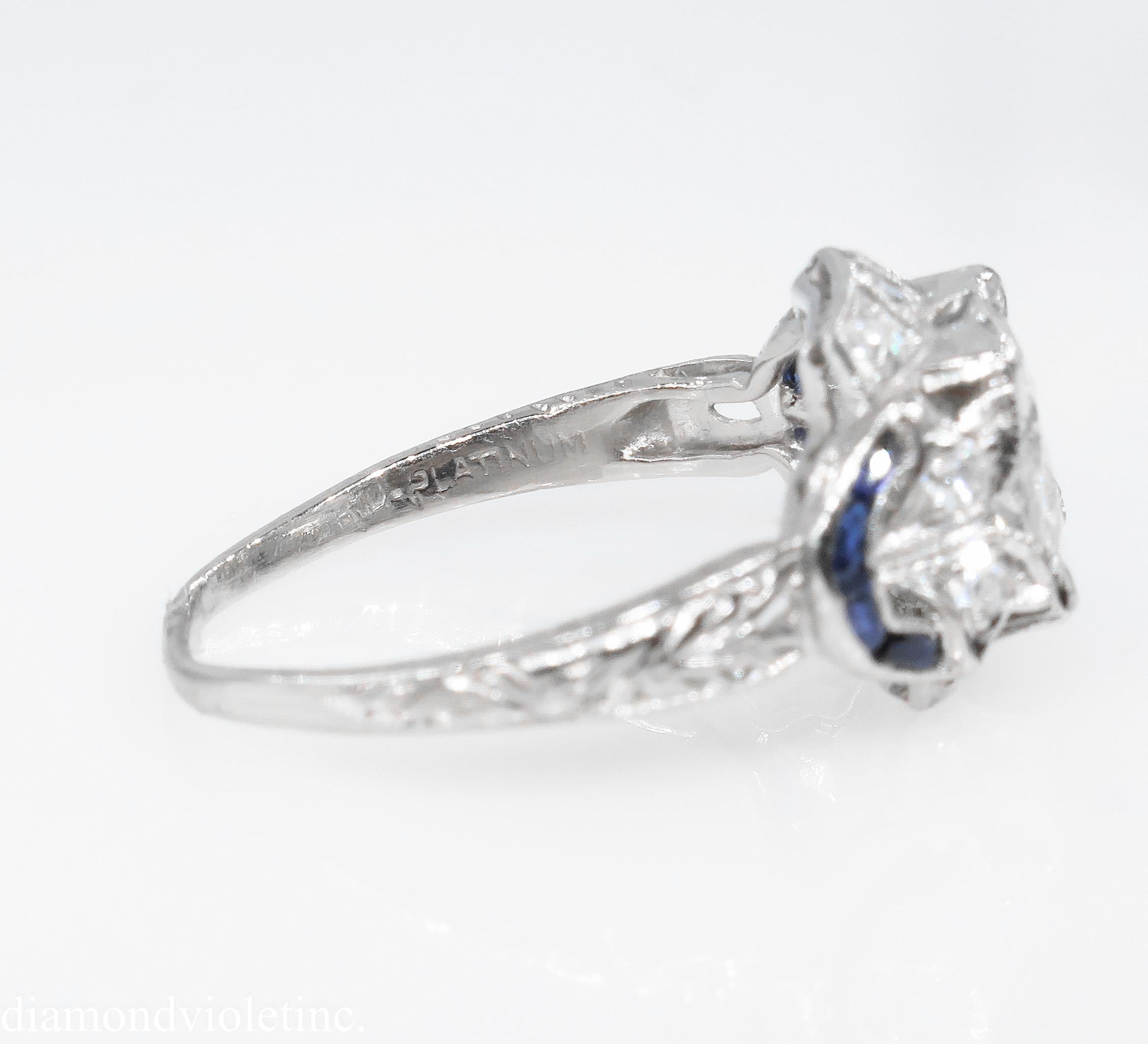 Antique 1.71 Carat Old Euro Diamond Sapphire Wedding Platinum Ring EGL, USA 1