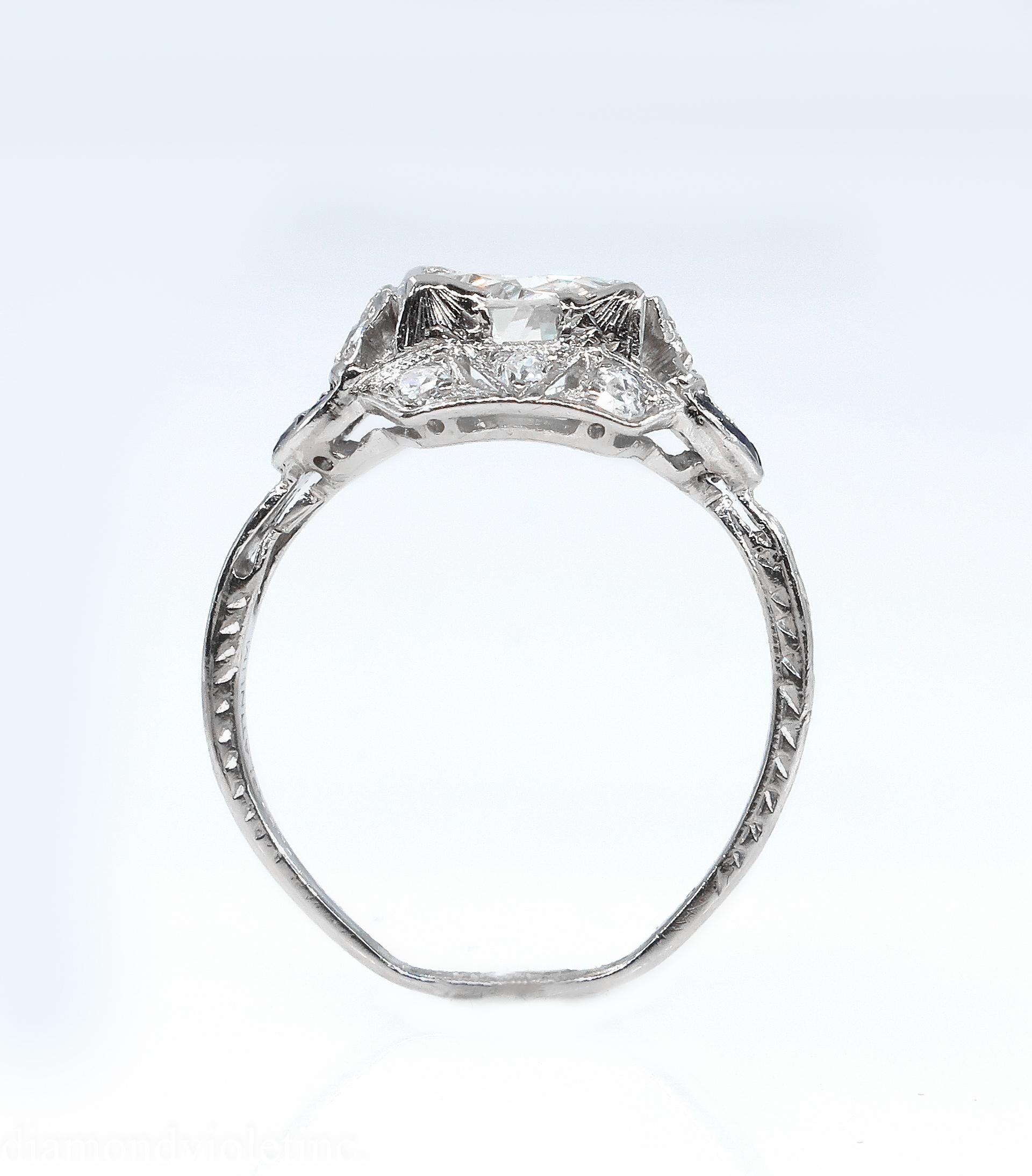 Antique 1.71 Carat Old Euro Diamond Sapphire Wedding Platinum Ring EGL, USA 3
