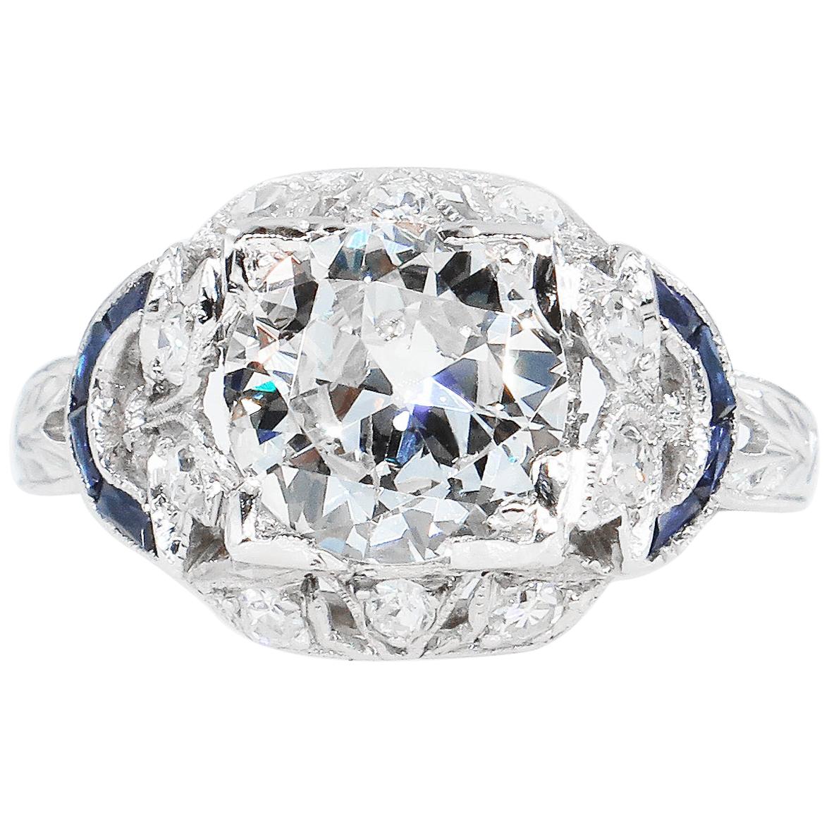 Antique 1.71 Carat Old Euro Diamond Sapphire Wedding Platinum Ring EGL, USA