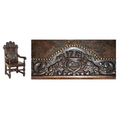 ANTIQUE 1718 DATED WILLIAM III PANEL JACOBEAN HAND CARVED ENGLISH OAK ARMCHAiR