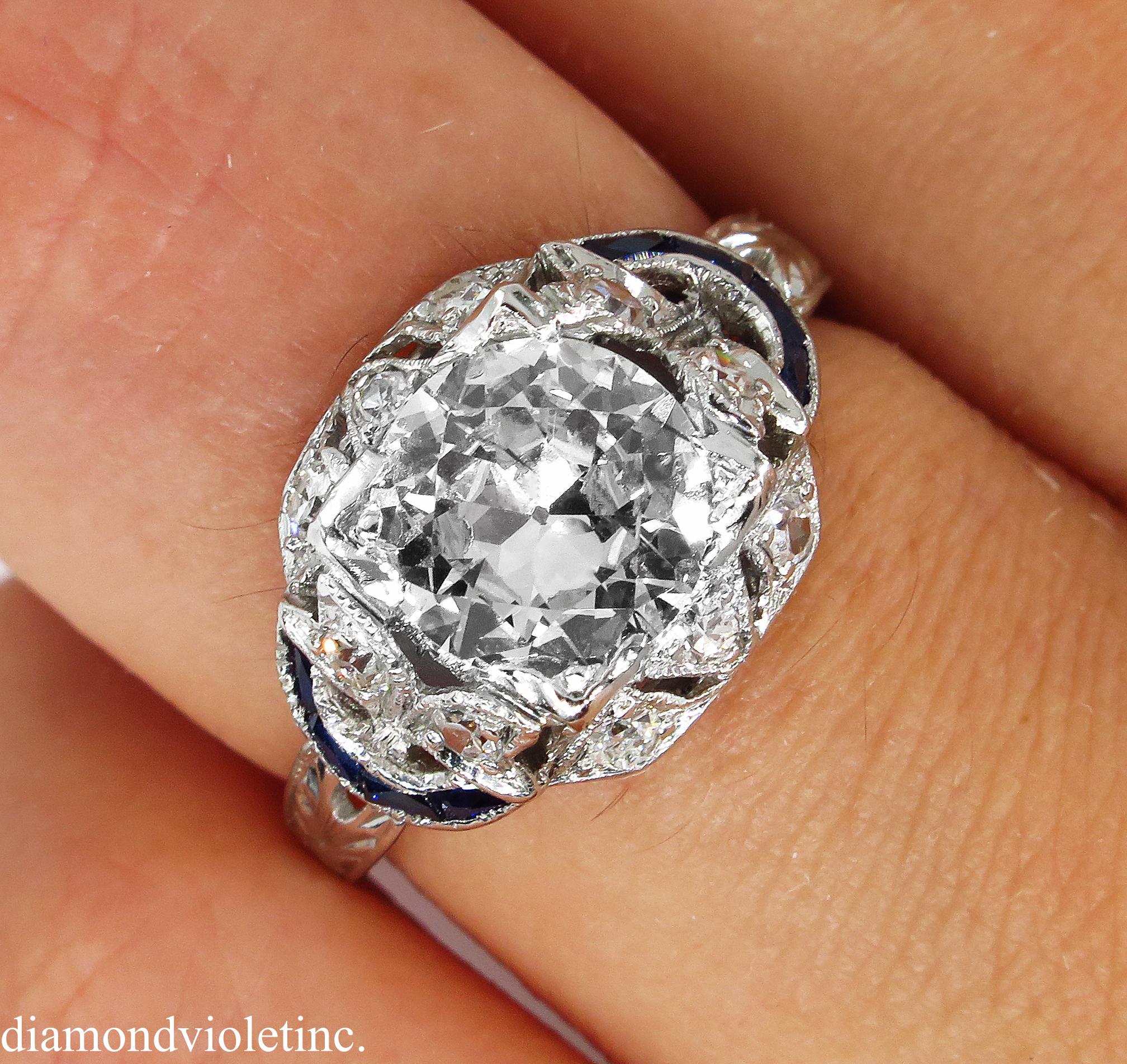 Antique 1.71 Carat Old Euro Diamond Sapphire Wedding Platinum Ring EGL, USA 4