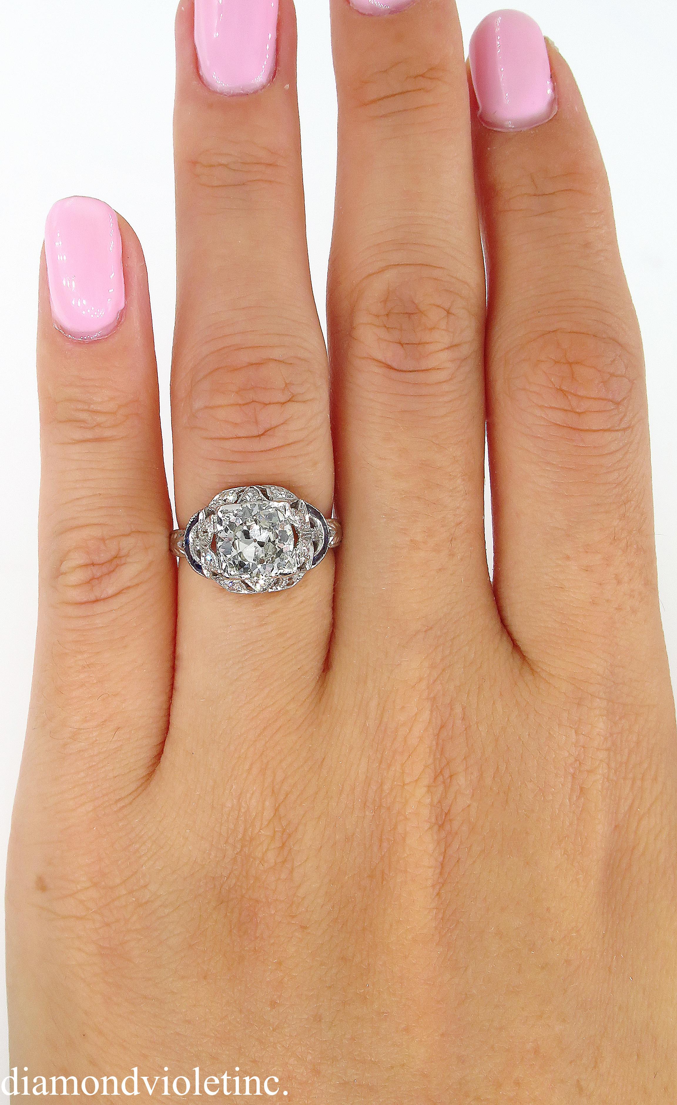 Antique 1.71 Carat Old Euro Diamond Sapphire Wedding Platinum Ring EGL, USA 6