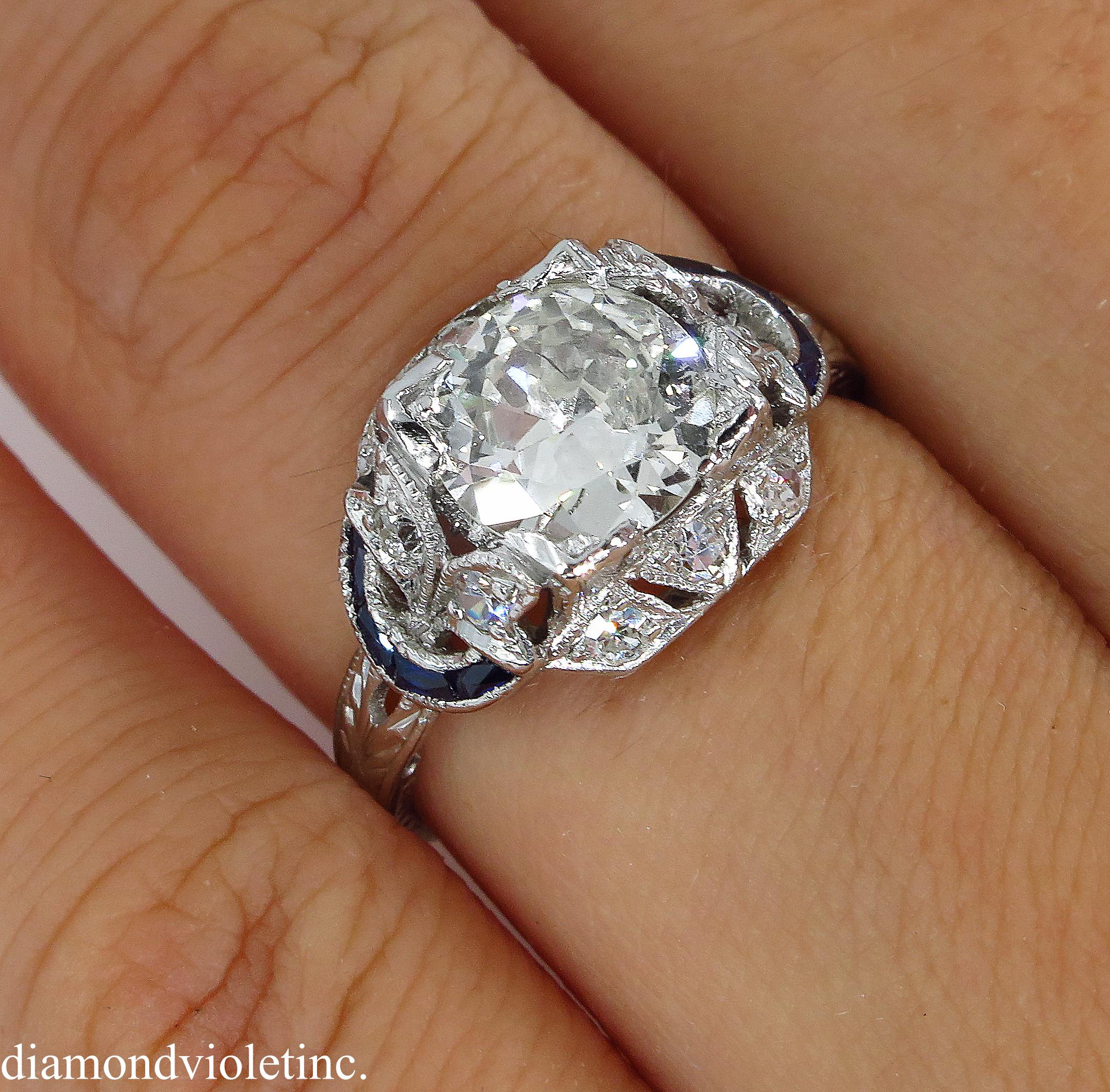 Antique 1.71 Carat Old Euro Diamond Sapphire Wedding Platinum Ring EGL, USA 8