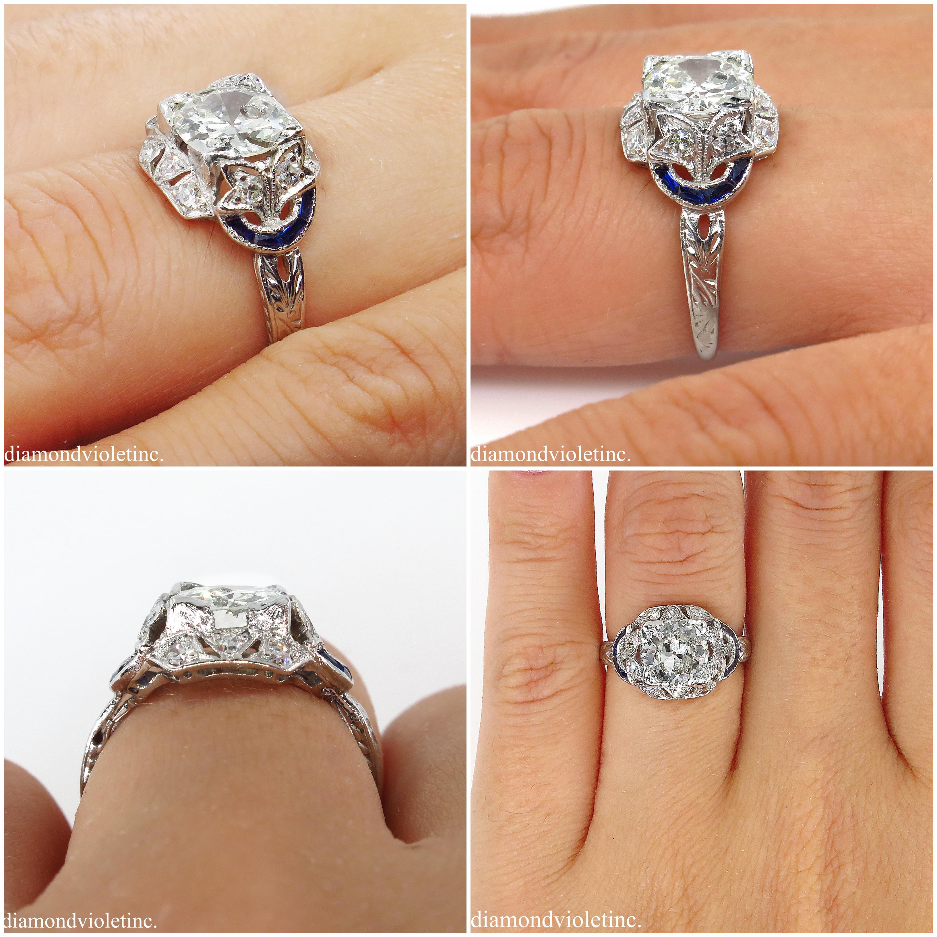 Antique 1.71 Carat Old Euro Diamond Sapphire Wedding Platinum Ring EGL, USA 9