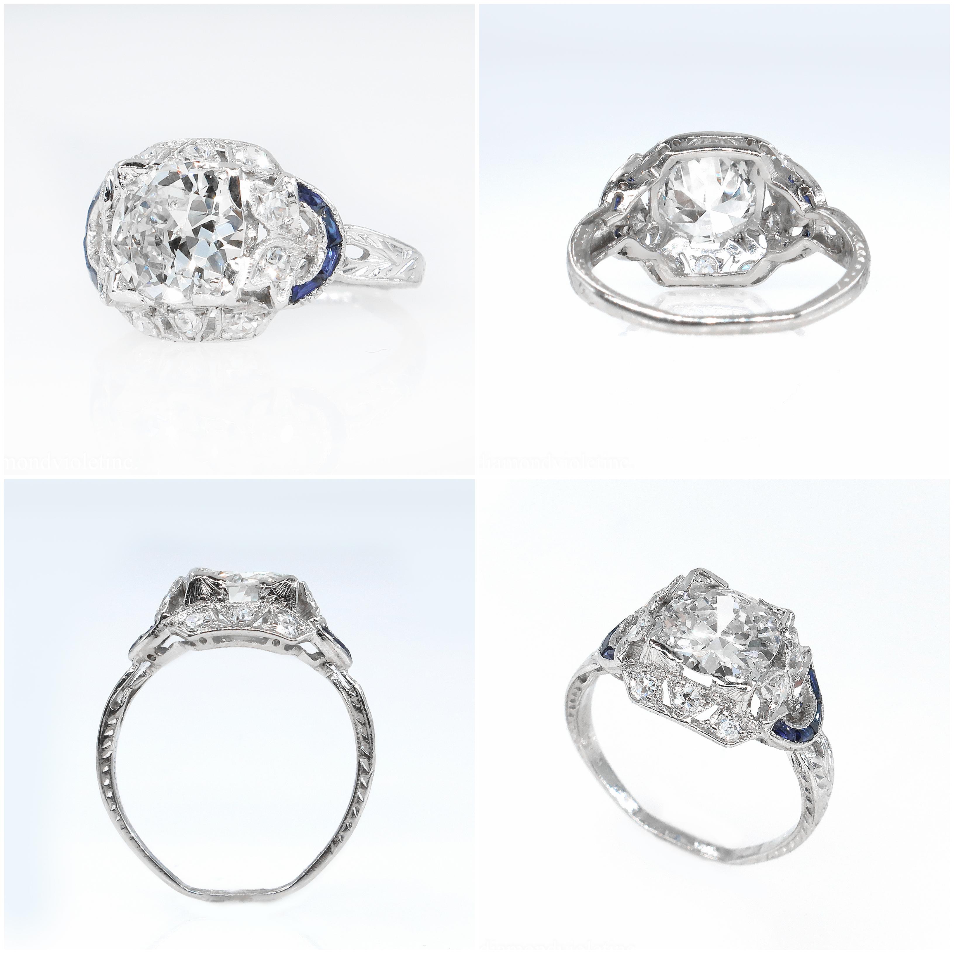 Old European Cut Antique 1.71 Carat Old Euro Diamond Sapphire Wedding Platinum Ring EGL, USA