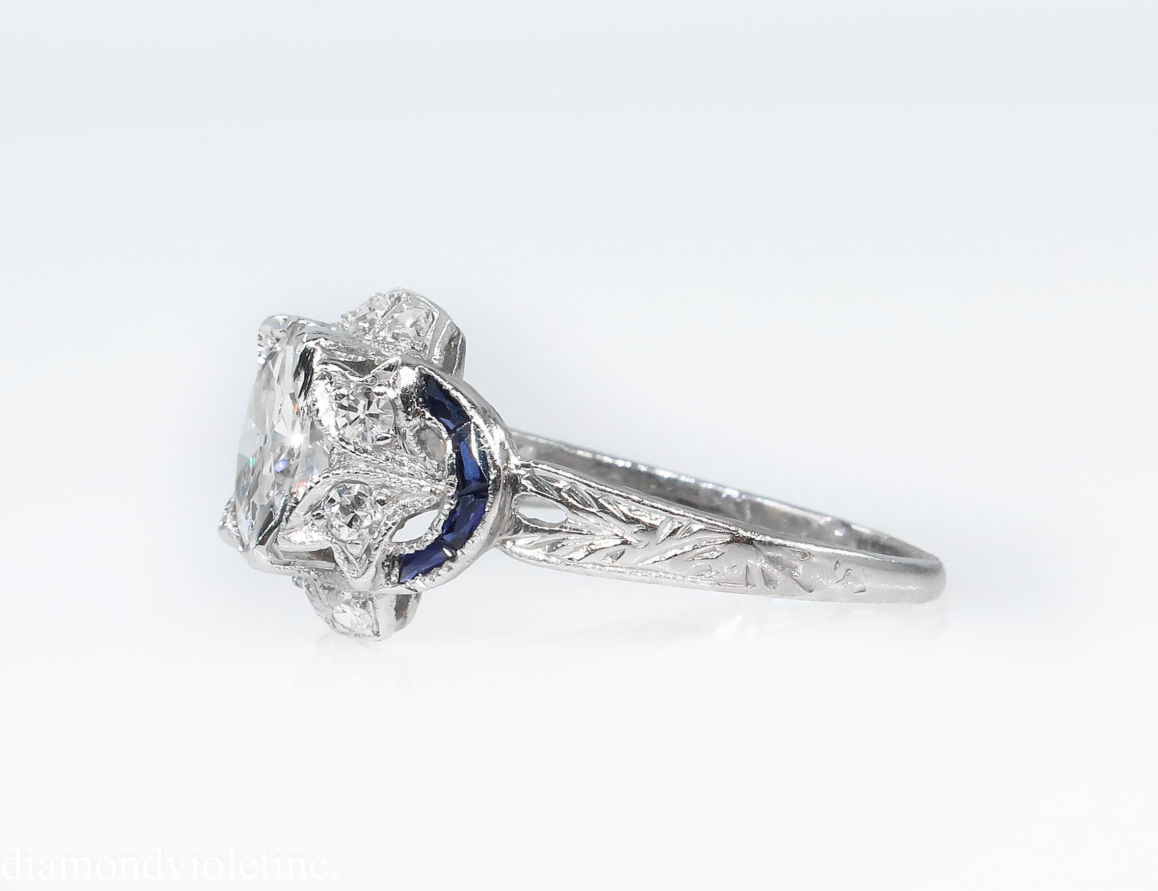 Antique 1.71 Carat Old Euro Diamond Sapphire Wedding Platinum Ring EGL, USA In Good Condition In New York, NY