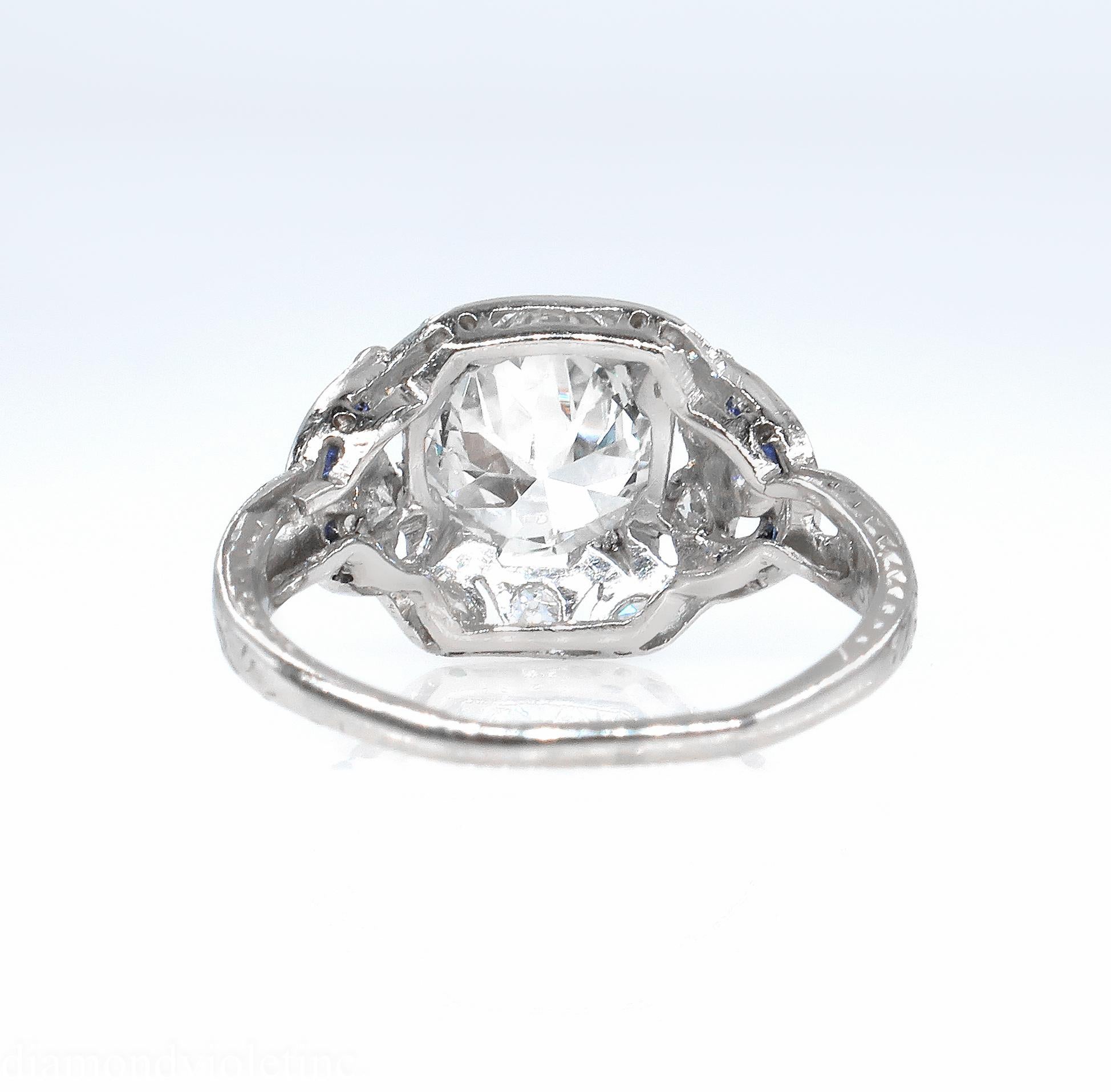 Antique 1.71 Carat Old Euro Diamond Sapphire Wedding Platinum Ring EGL, USA 2