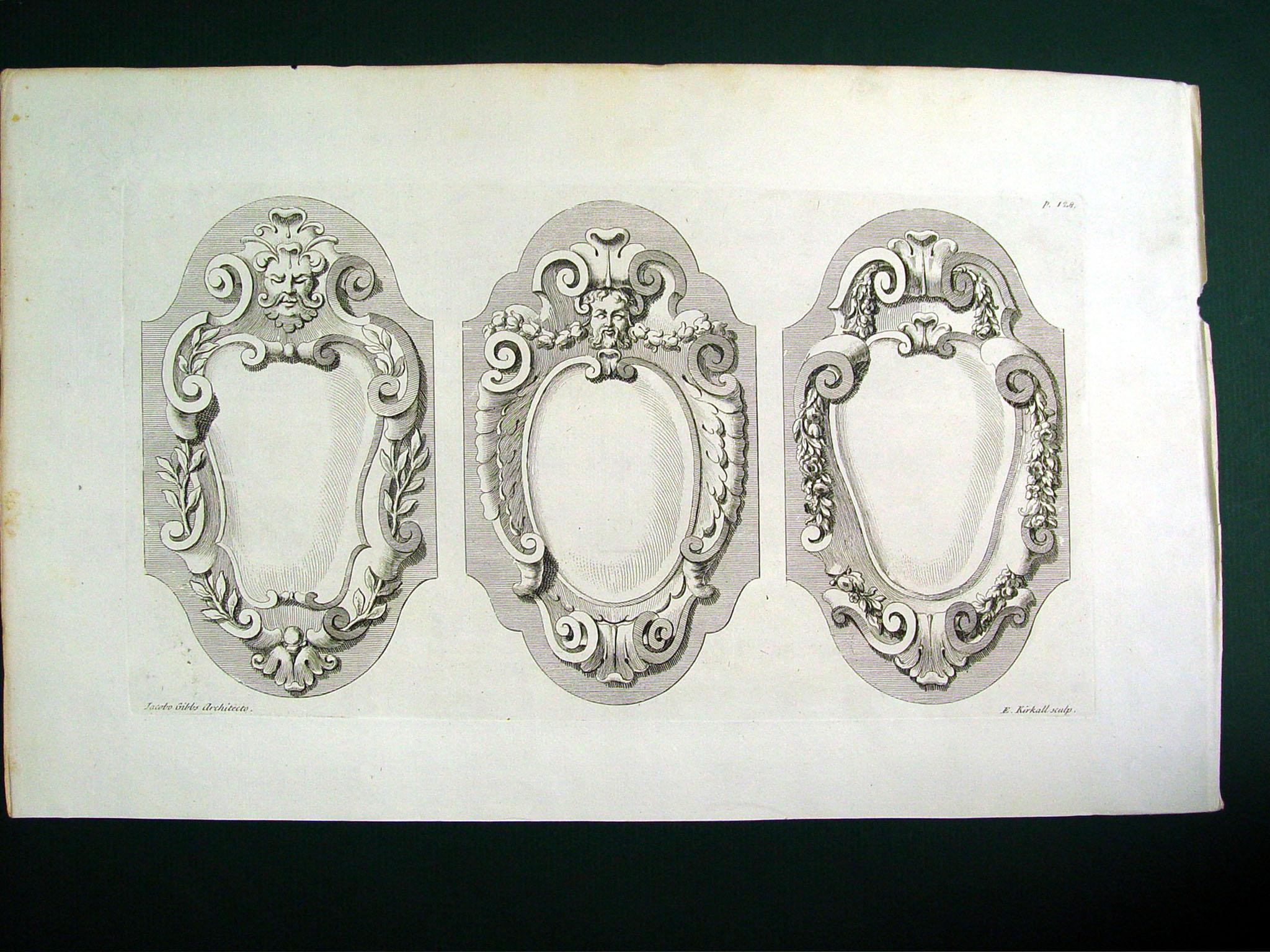 Architectural ornaments engraving from the folio by James Gibbs. Published by Bowyer, London, 1728. Unframed. Age toning, edge wear.