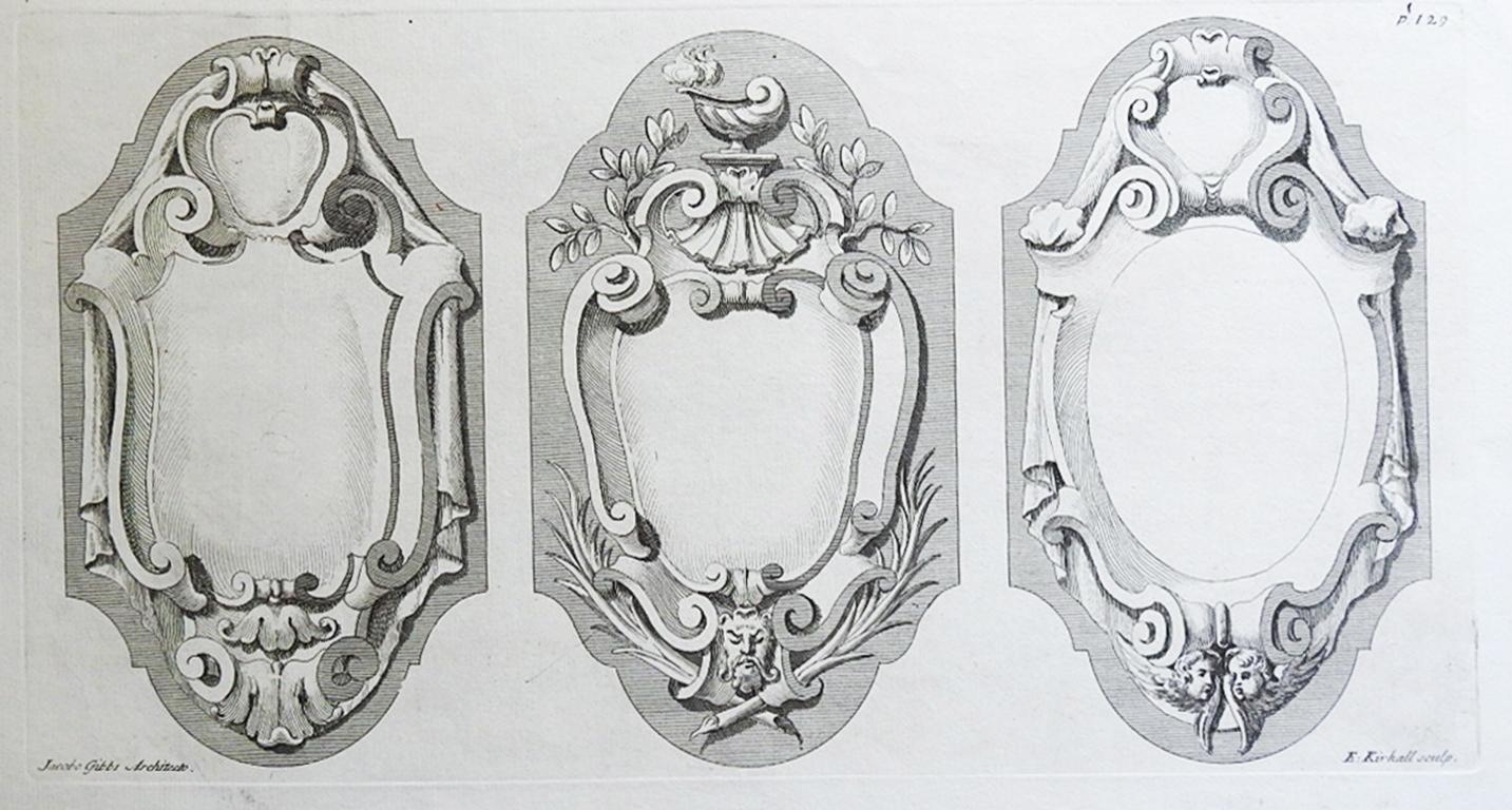Satz von 3 Stichen mit architektonischen Ornamenten aus dem Folio von James Gibbs. Herausgegeben von Bowyer, London, 1728. Ungerahmt, altersgetönt, Randabrieb, kleiner Randverlust.