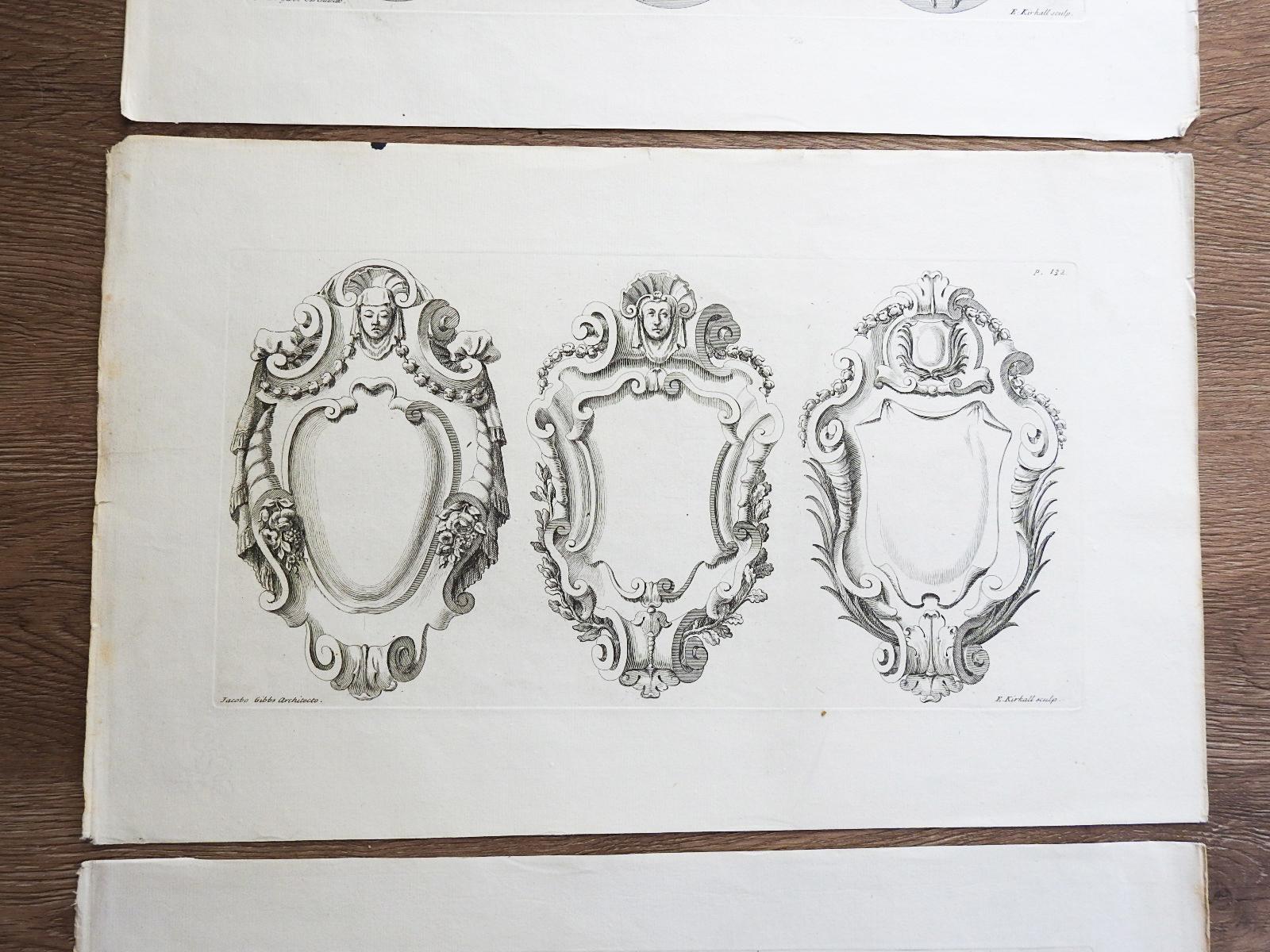 Baroque Antique 1728 James Gibbs gravure d'ornements architecturaux - Lot de 3 en vente