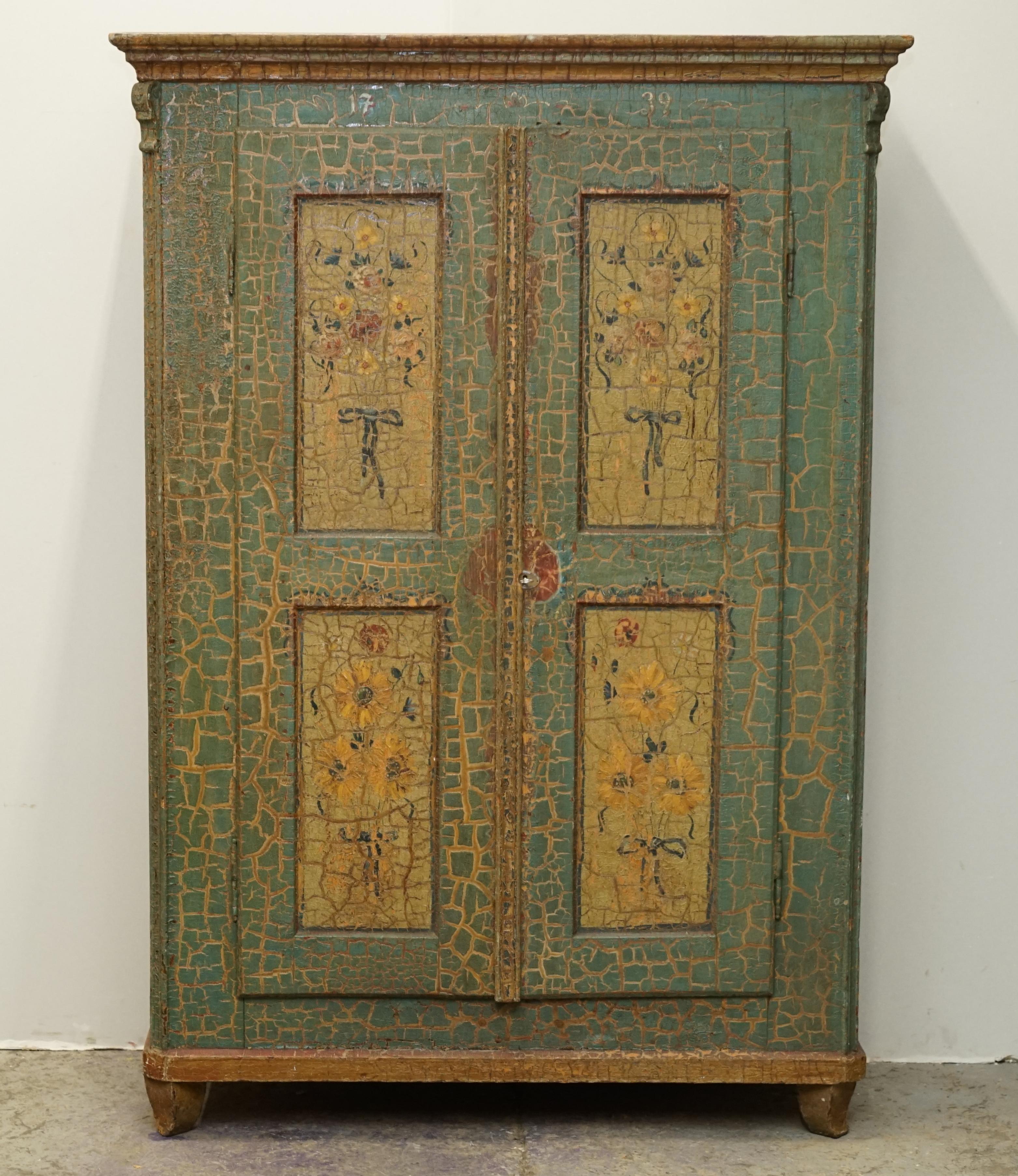 We are delighted to offer for sale this stunning original 1738 dated Antique German Marriage wardrobe / Folded linen cupboard in the oldest and most original paint I have ever seen

I have recently purchased a very large collection of these