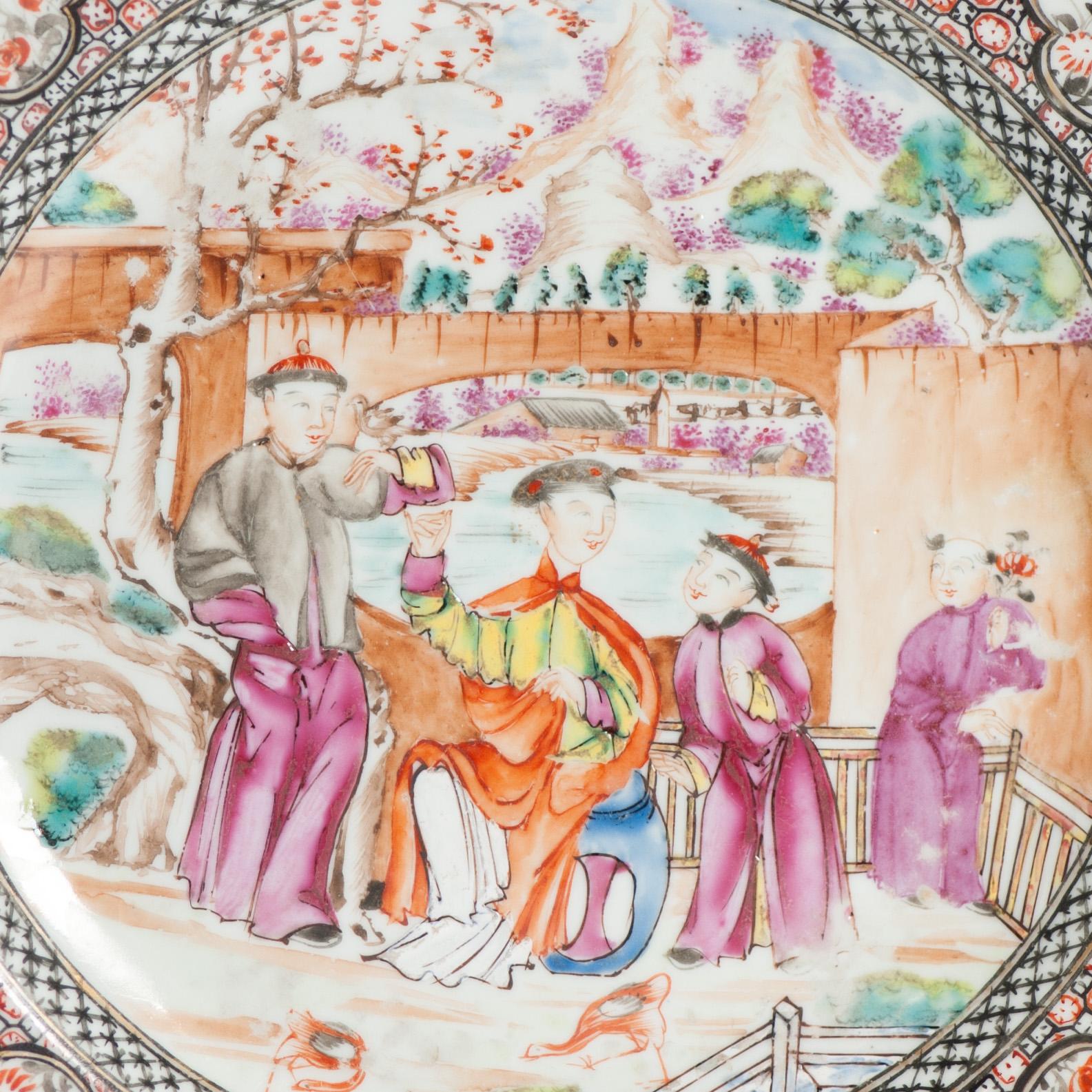 18th Century and Earlier Antique 1740-1750 Chinese Porcelain Dish China Figural Rose Qianlong Period For Sale