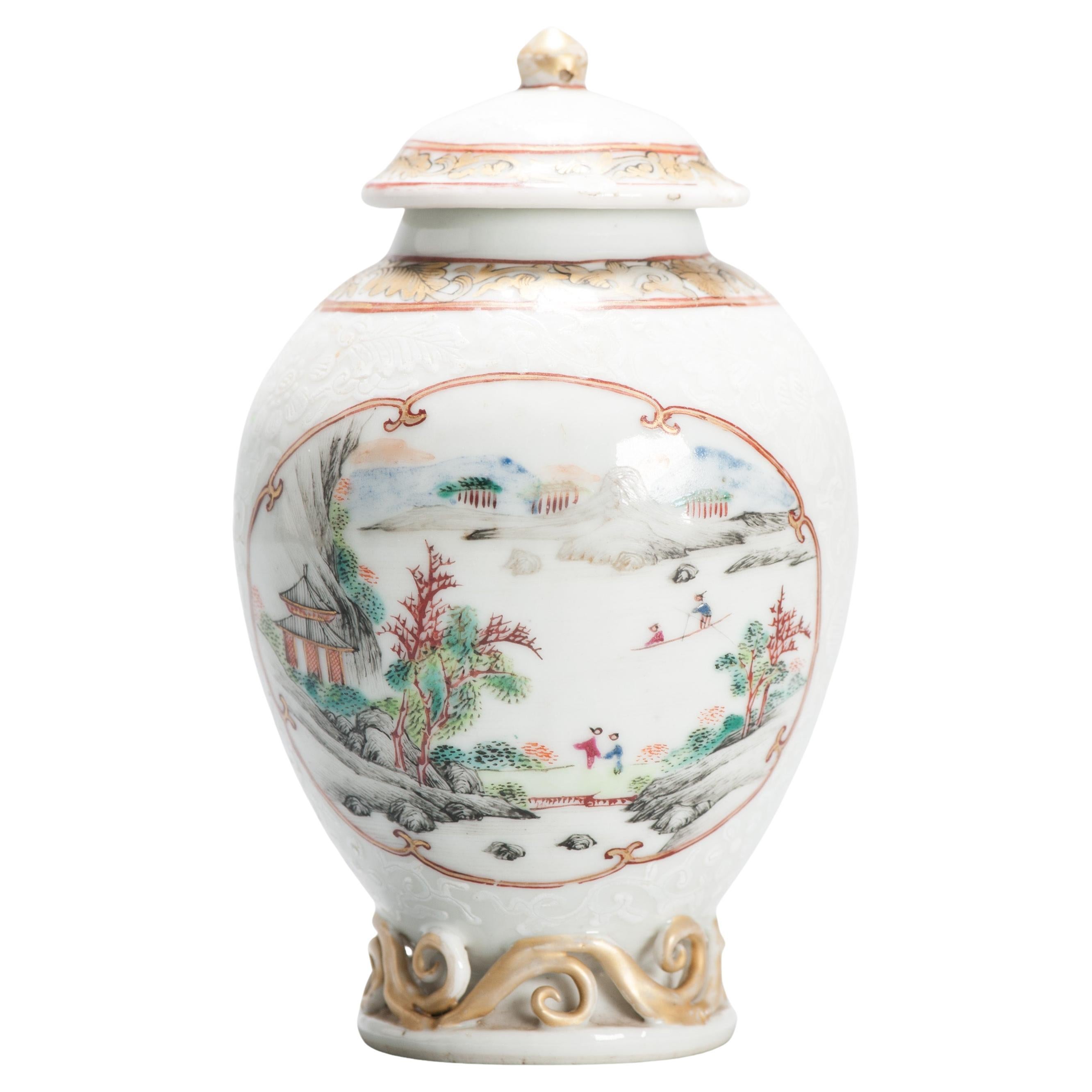 Antique 1740-1750 Chinese Porcelain Yongzheng/Qianlong Tea Caddy Famille Rose