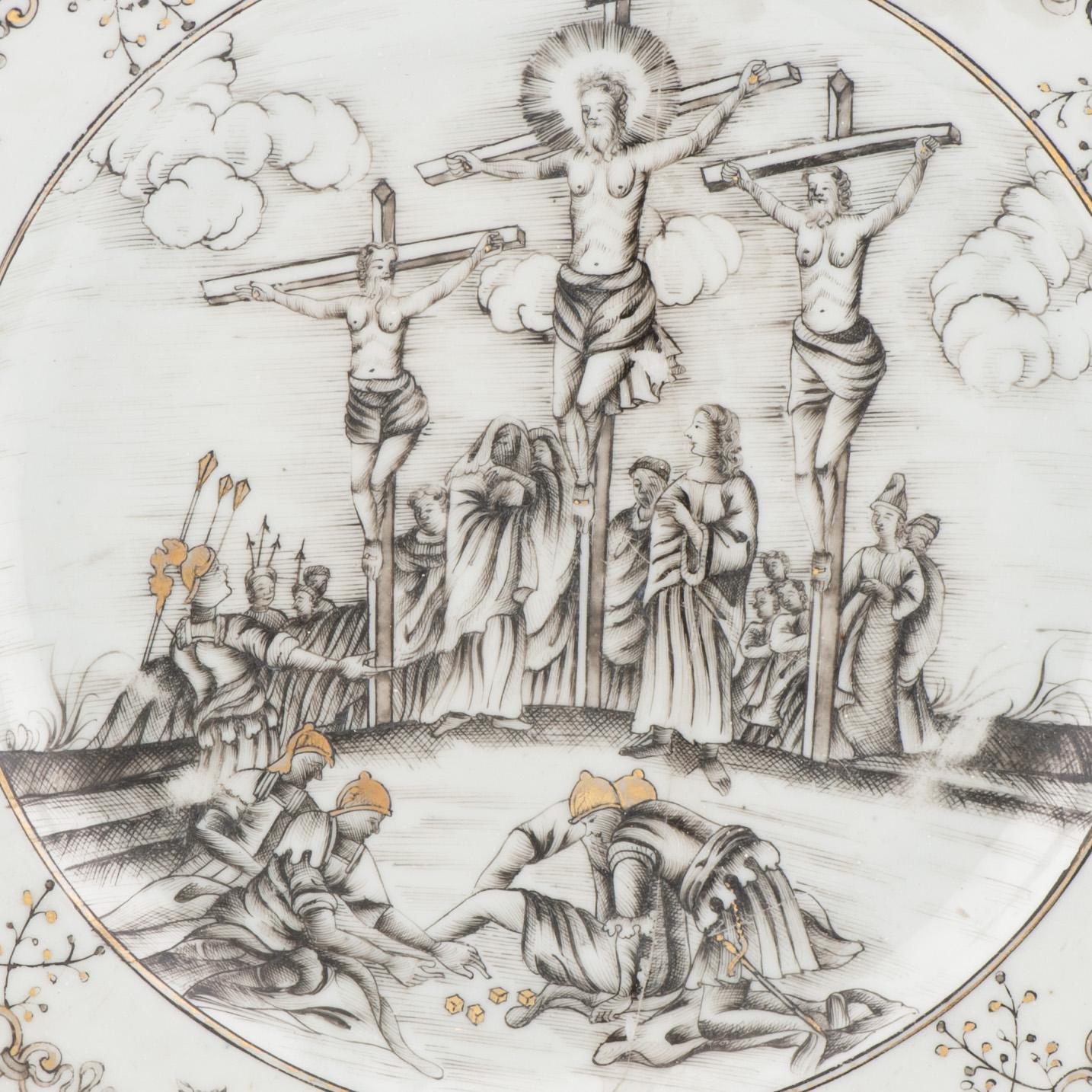 Antique 1740 Encre de Chine Commande Chinese Porcelain Jesus Plate Qing China In Good Condition In Amsterdam, Noord Holland