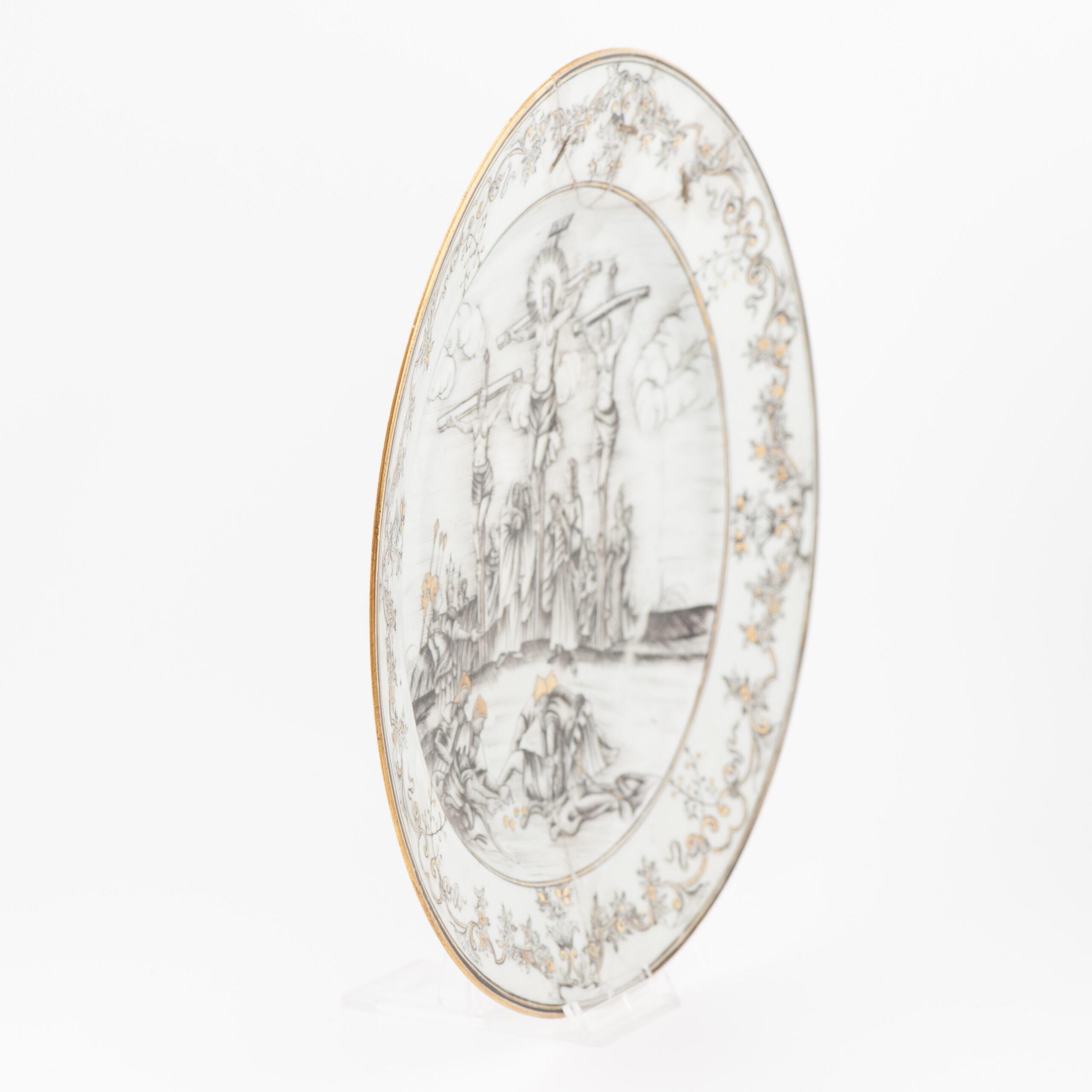 Antique 1740 Encre de Chine Commande Chinese Porcelain Jesus Plate Qing China 1