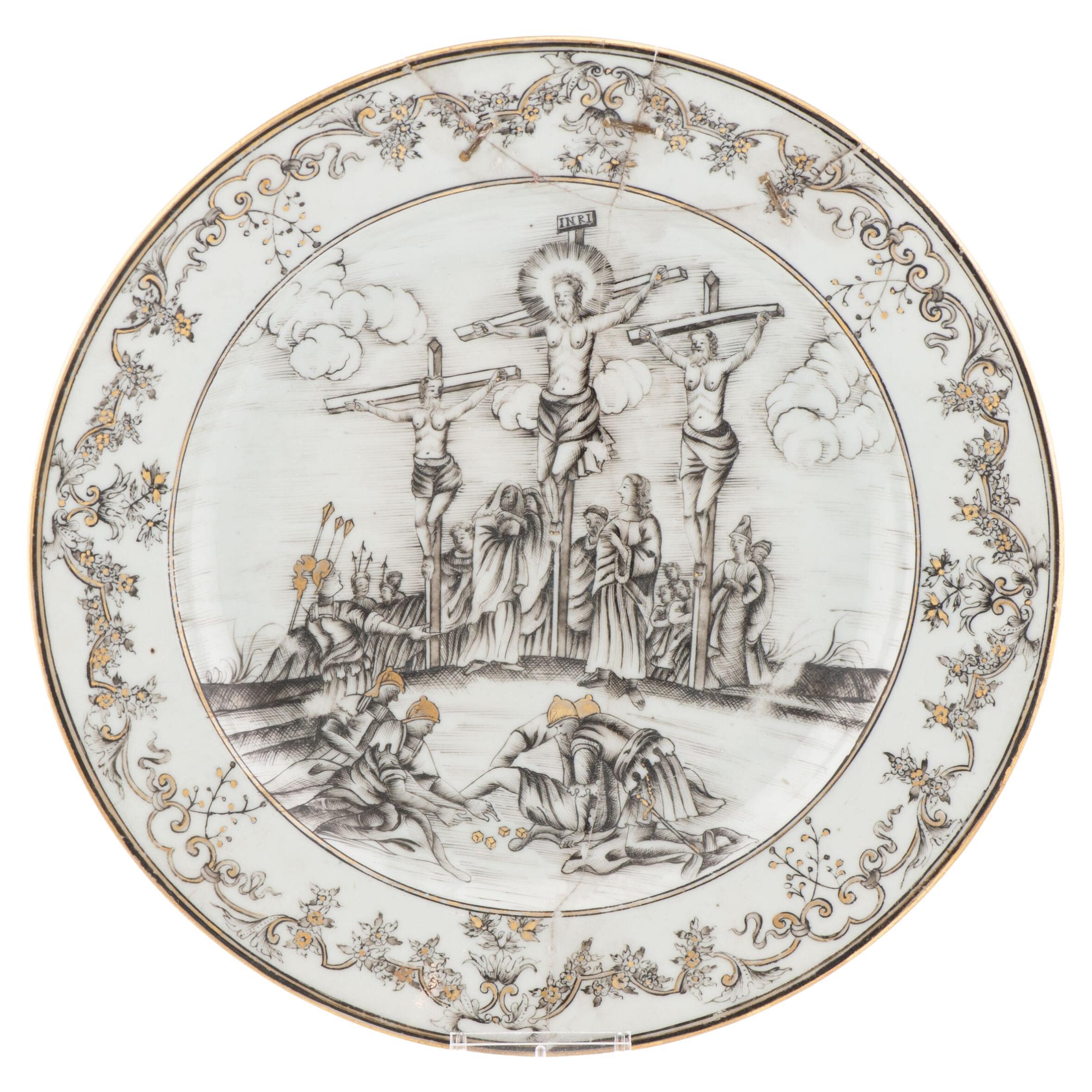 Antique 1740 Encre de Chine Commande Chinese Porcelain Jesus Plate Qing China