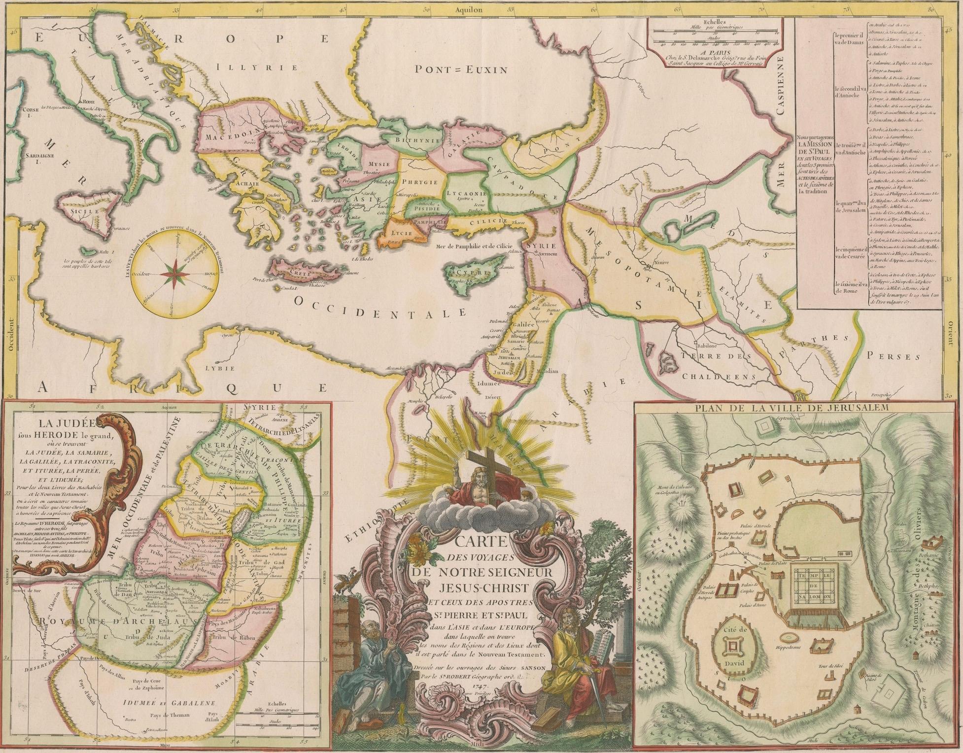 Antique 1743 Map – Travels of Jesus Christ & Apostles by Seutter

This is an original antique map titled “Carte des Voyages de Notre Seigneur Jesus-Christ et des Actes des Apotres St. Pierre et St. Paul,” created by Matthäus Seutter and published in