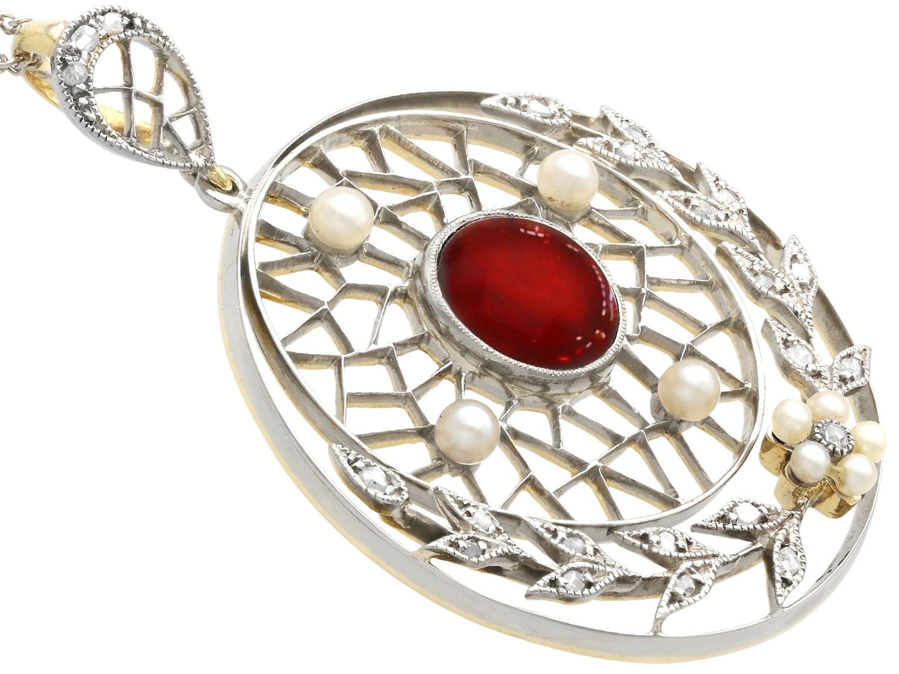 Cabochon Antique 1.74ct Garnet and Diamond, Pearl and Yellow Gold Pendant, circa 1900 For Sale