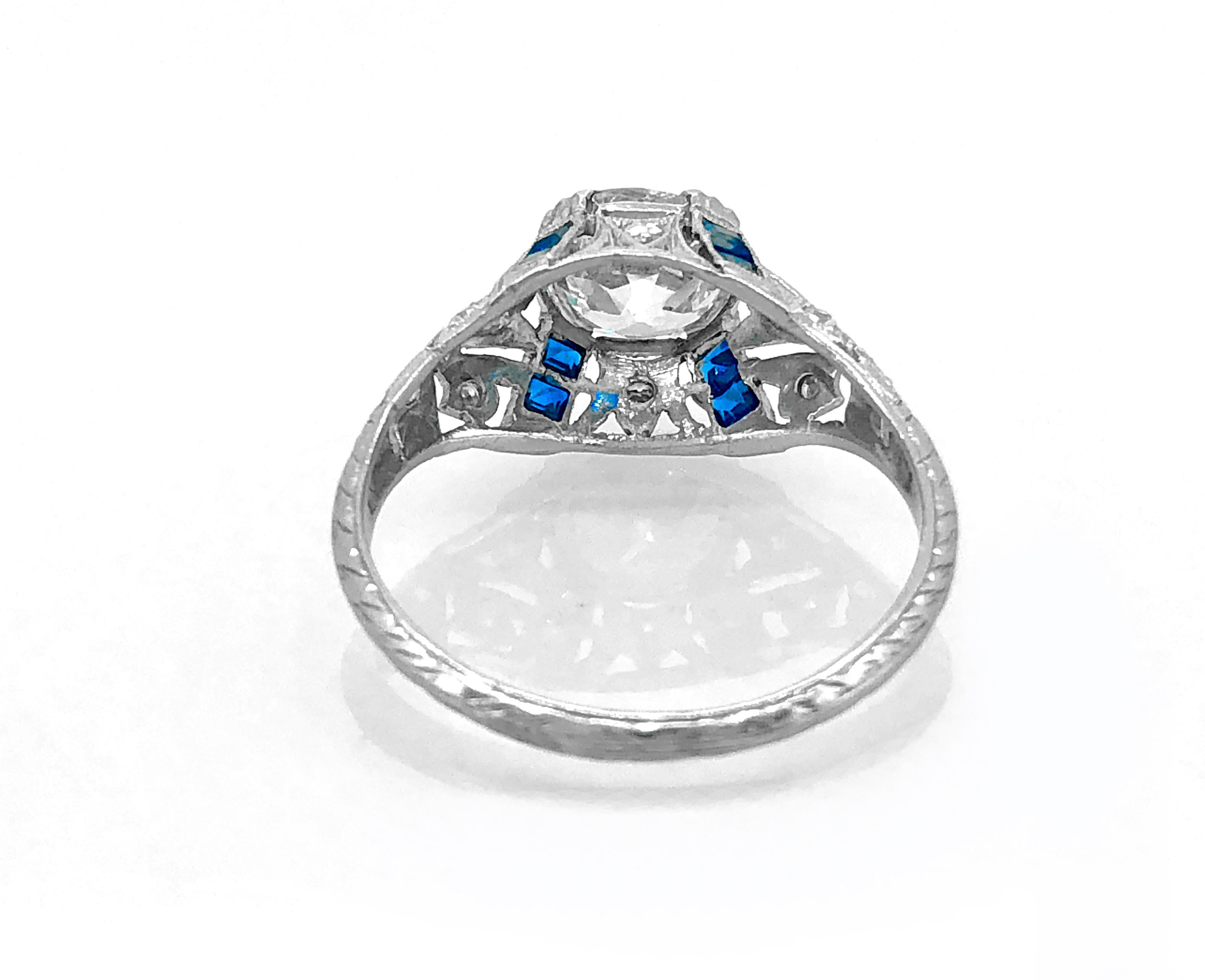 Old European Cut Antique 1.75 Carat Diamond and Sapphire Art Deco Engagement Ring Platinum