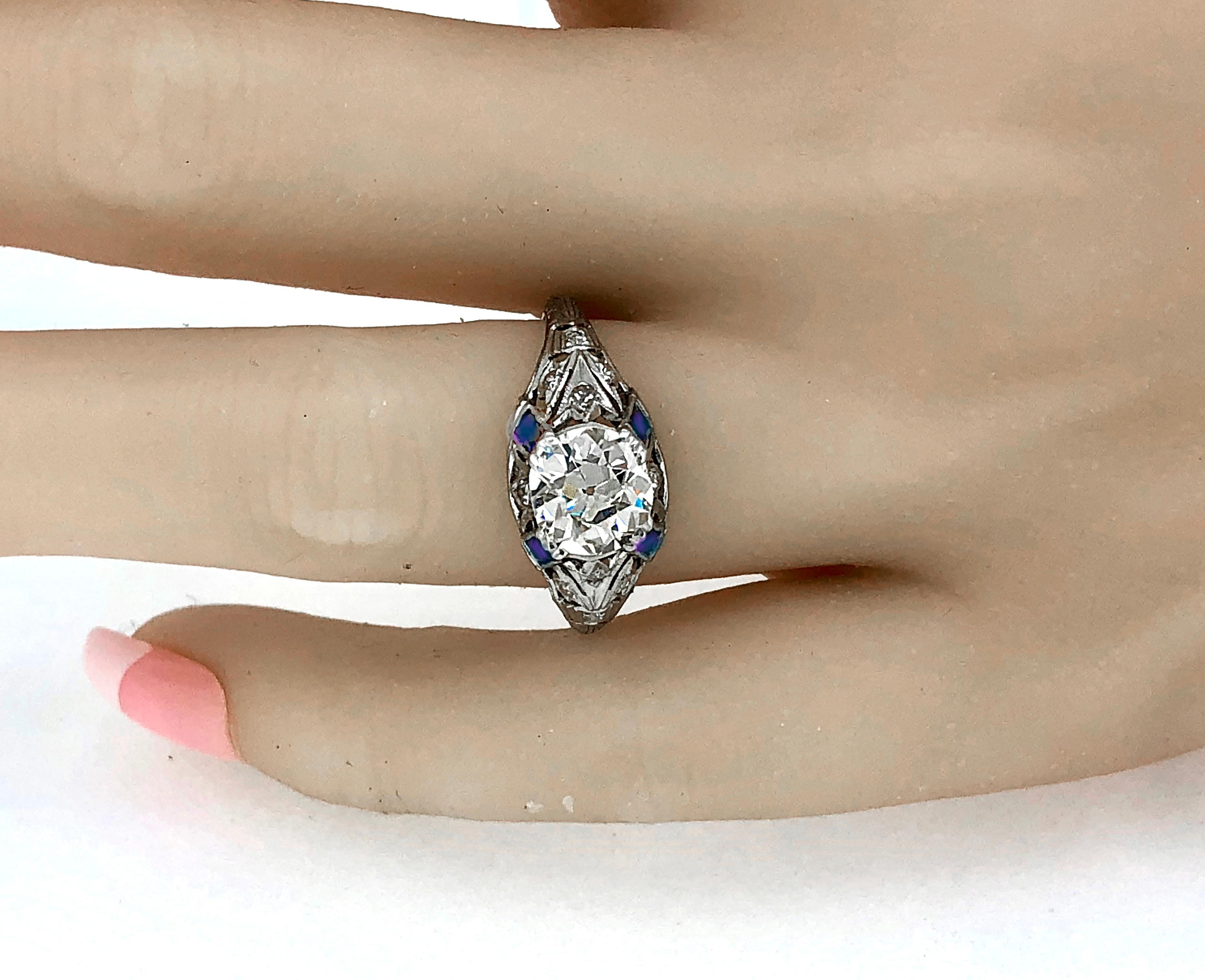 Antique 1.75 Carat Diamond and Sapphire Art Deco Engagement Ring Platinum In Excellent Condition In Tampa, FL