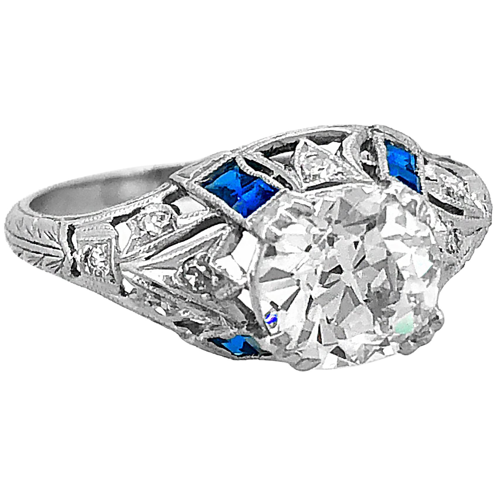 Antique 1.75 Carat Diamond and Sapphire Art Deco Engagement Ring Platinum