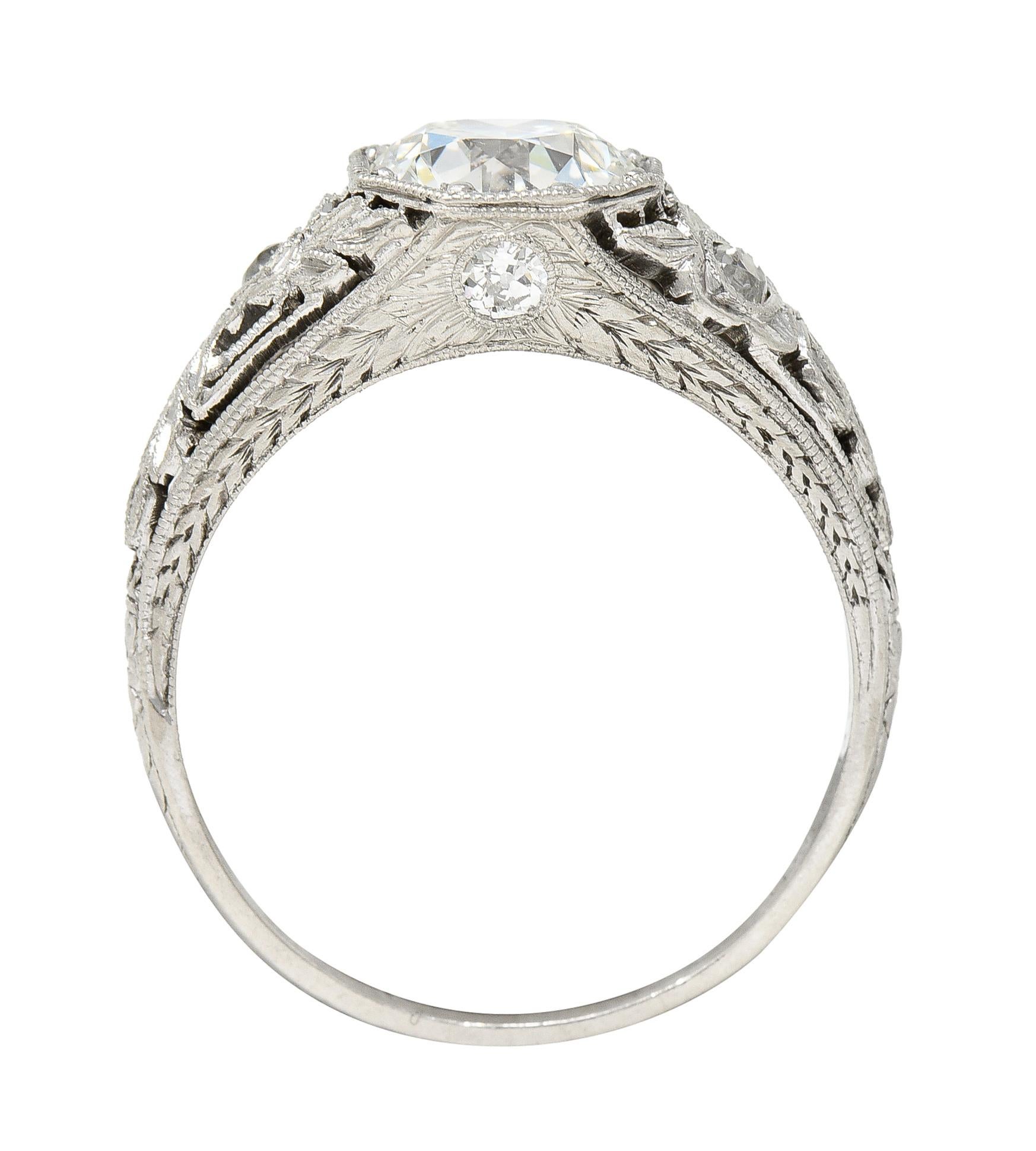 Antique 1.75 Carats Diamond Platinum Floral Laurel Engagement Ring For Sale 1