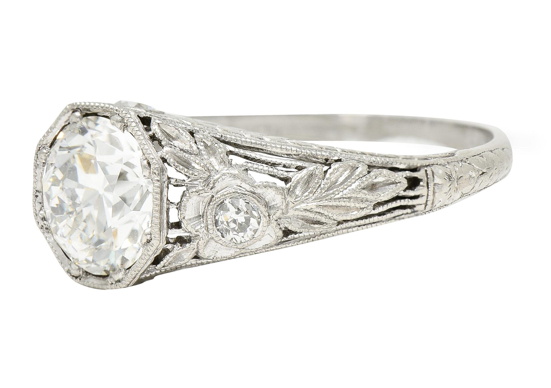 Edwardian Antique 1.75 Carats Diamond Platinum Floral Laurel Engagement Ring For Sale
