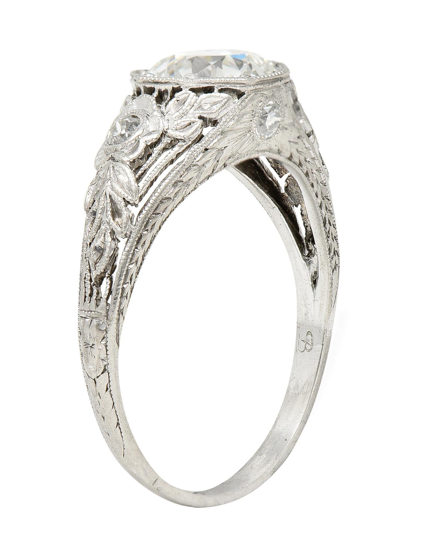 Antique 1.75 Carats Diamond Platinum Floral Laurel Engagement Ring In Excellent Condition For Sale In Philadelphia, PA