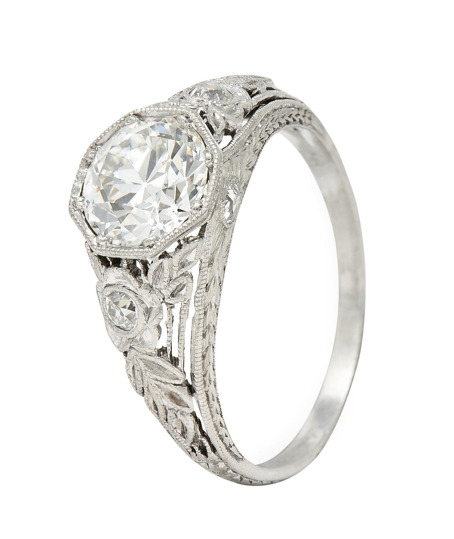 Women's or Men's Antique 1.75 Carats Diamond Platinum Floral Laurel Engagement Ring For Sale