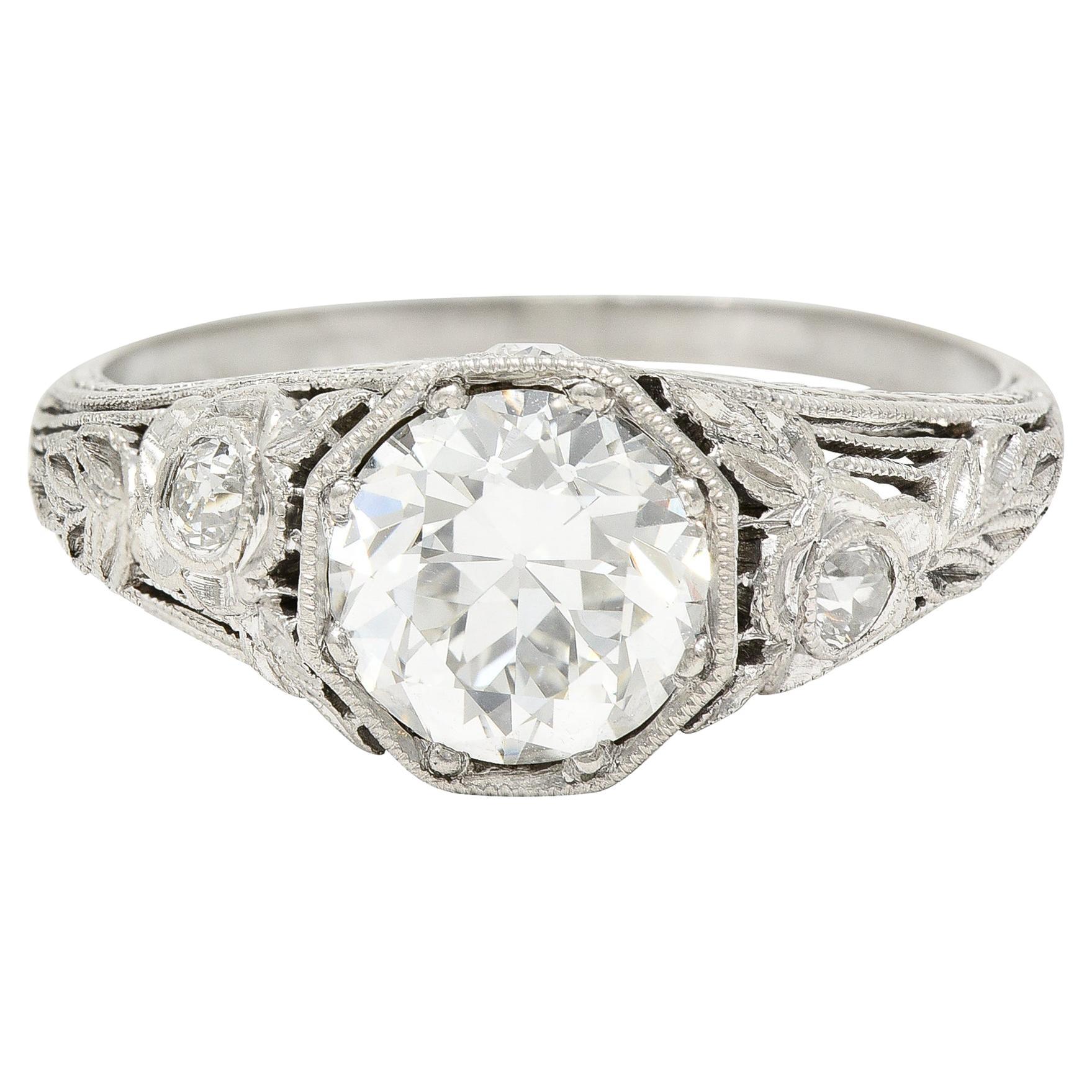 Antique 1.75 Carats Diamond Platinum Floral Laurel Engagement Ring For Sale