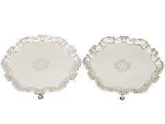 Antique 1750s Pair of Georgian Newcastle Sterling Silver Salvers