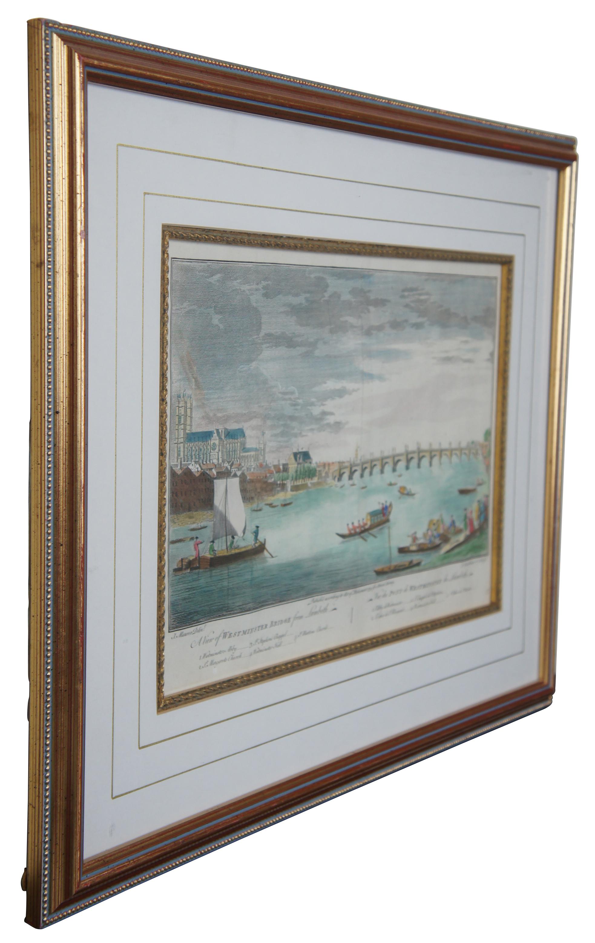 Antique hand colored riverscape / landscape copperplate engraving based on a painting by Jacob Maurer and engraved by Paul Fourdrinier - A View of Westminster Bridge from Lambeth, published according to Act of Parliament 1754 for Stowe’s Survey of