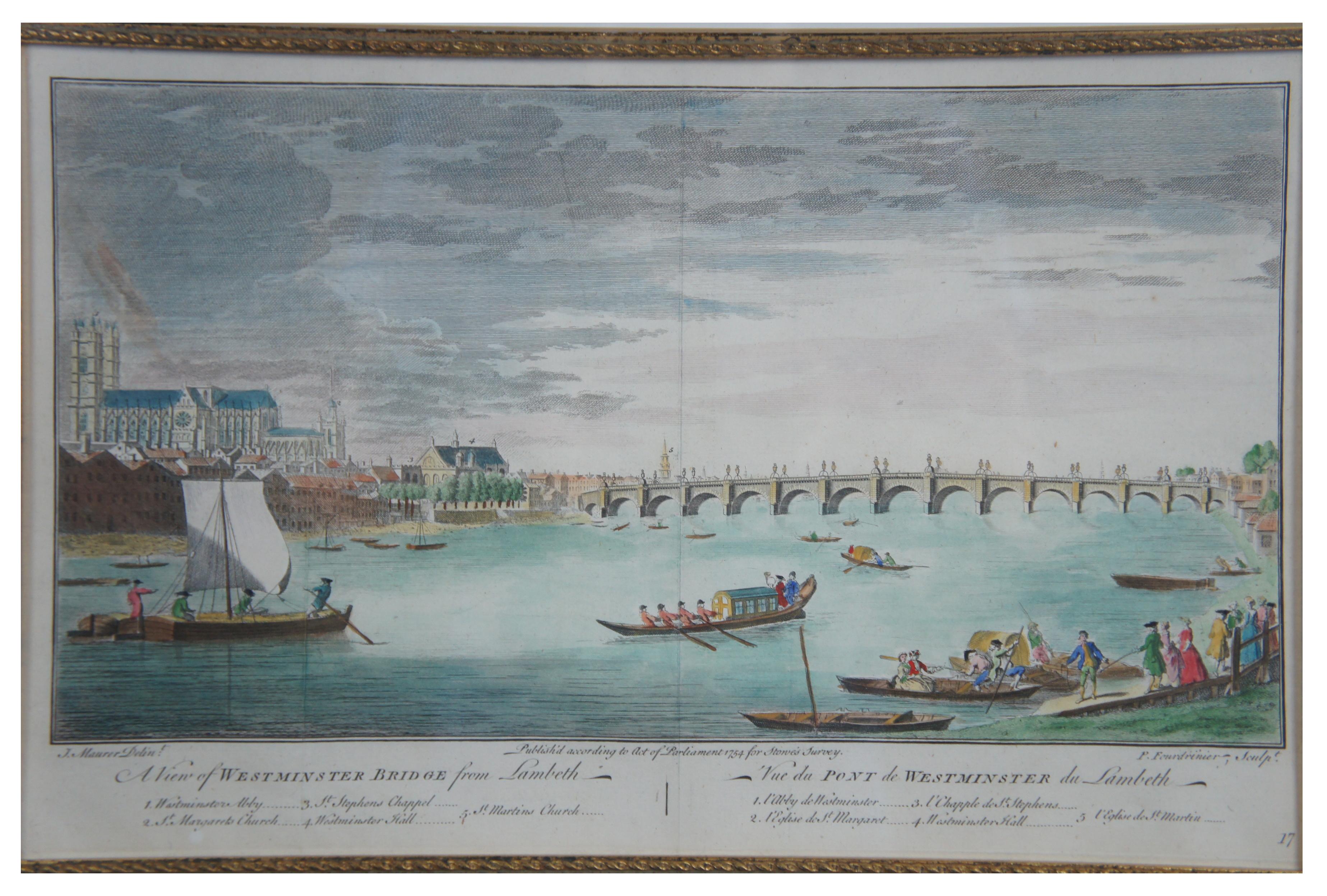 Colonial britannique Gravure sur cuivre ancienne de 1755 représentant le Westminster Bridge et l'arpentage de Lambeth à Londres en vente