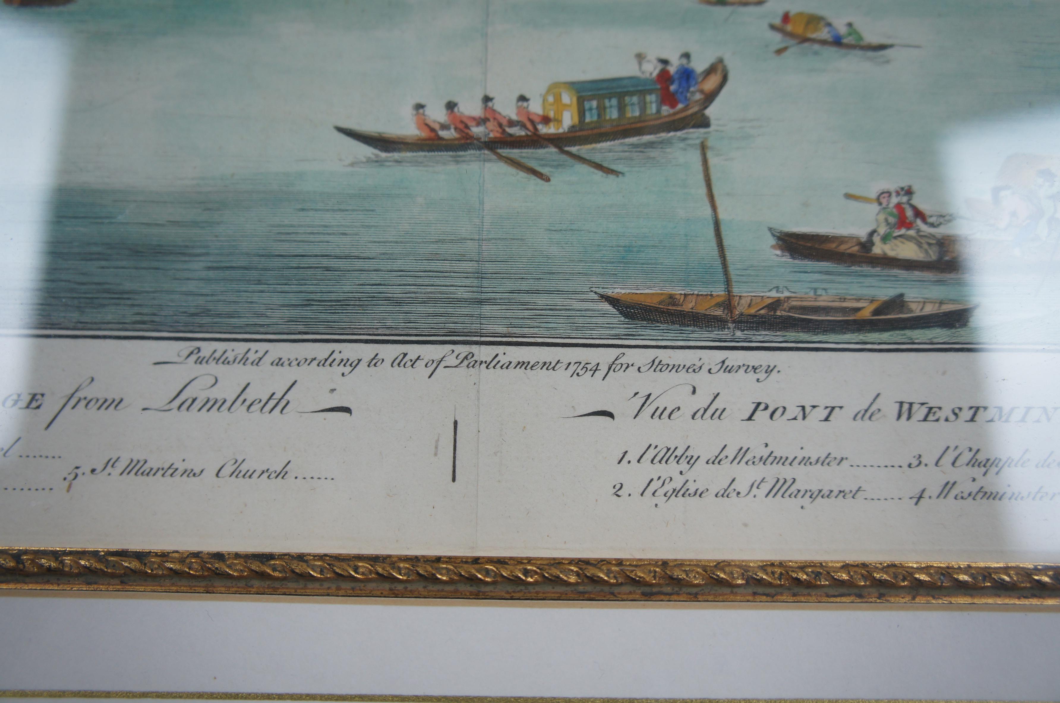 Papier Gravure sur cuivre ancienne de 1755 représentant le Westminster Bridge et l'arpentage de Lambeth à Londres en vente
