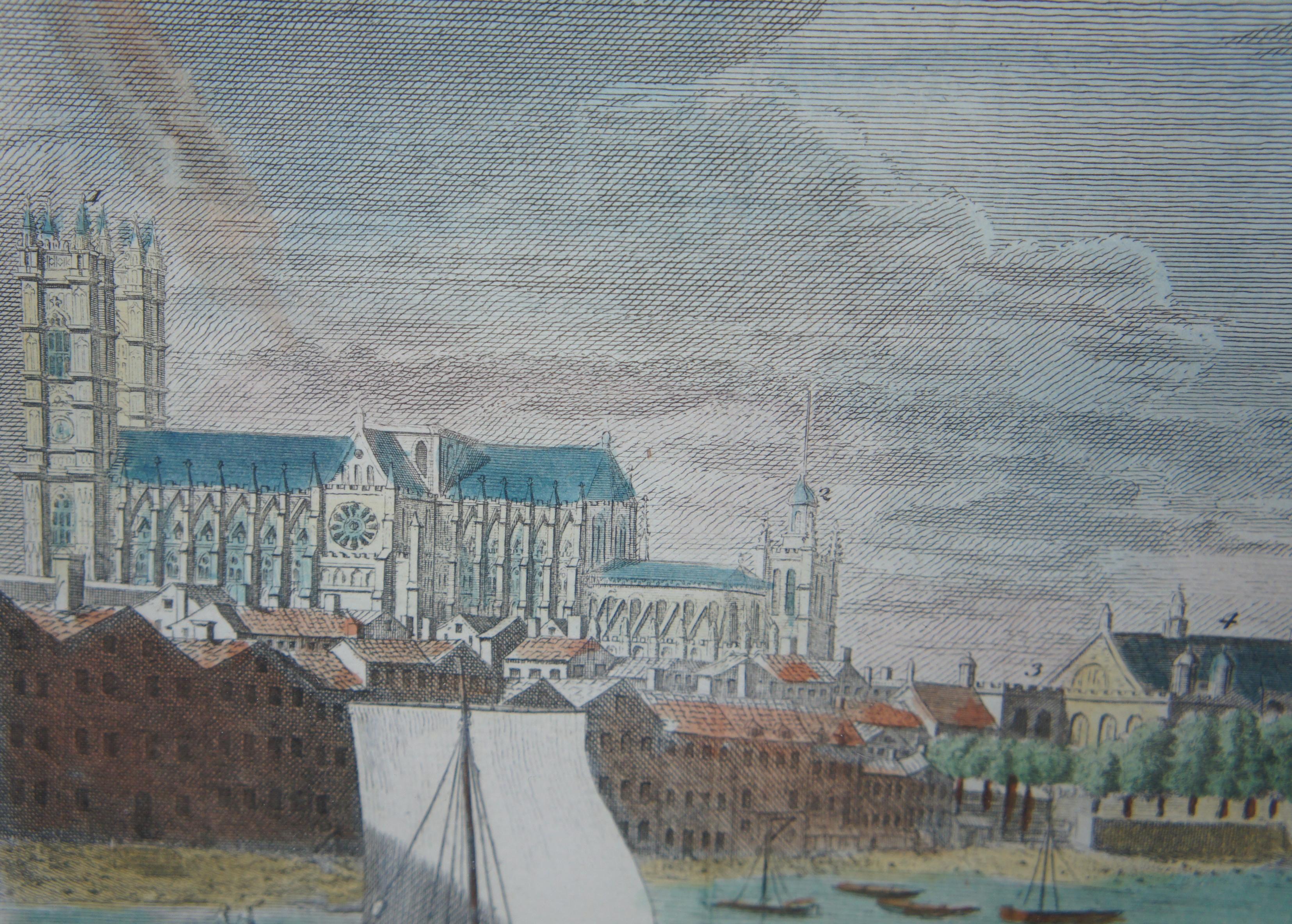 Gravure sur cuivre ancienne de 1755 représentant le Westminster Bridge et l'arpentage de Lambeth à Londres en vente 1