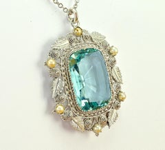 Antique 17.60 Carat Cushion Aquamarine 18 KT Pendant
