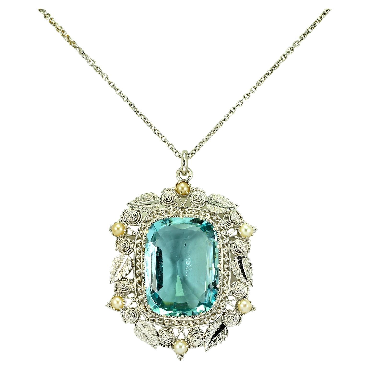 Antique 17.60 Carat Cushion Aquamarine 18 KT Pendant