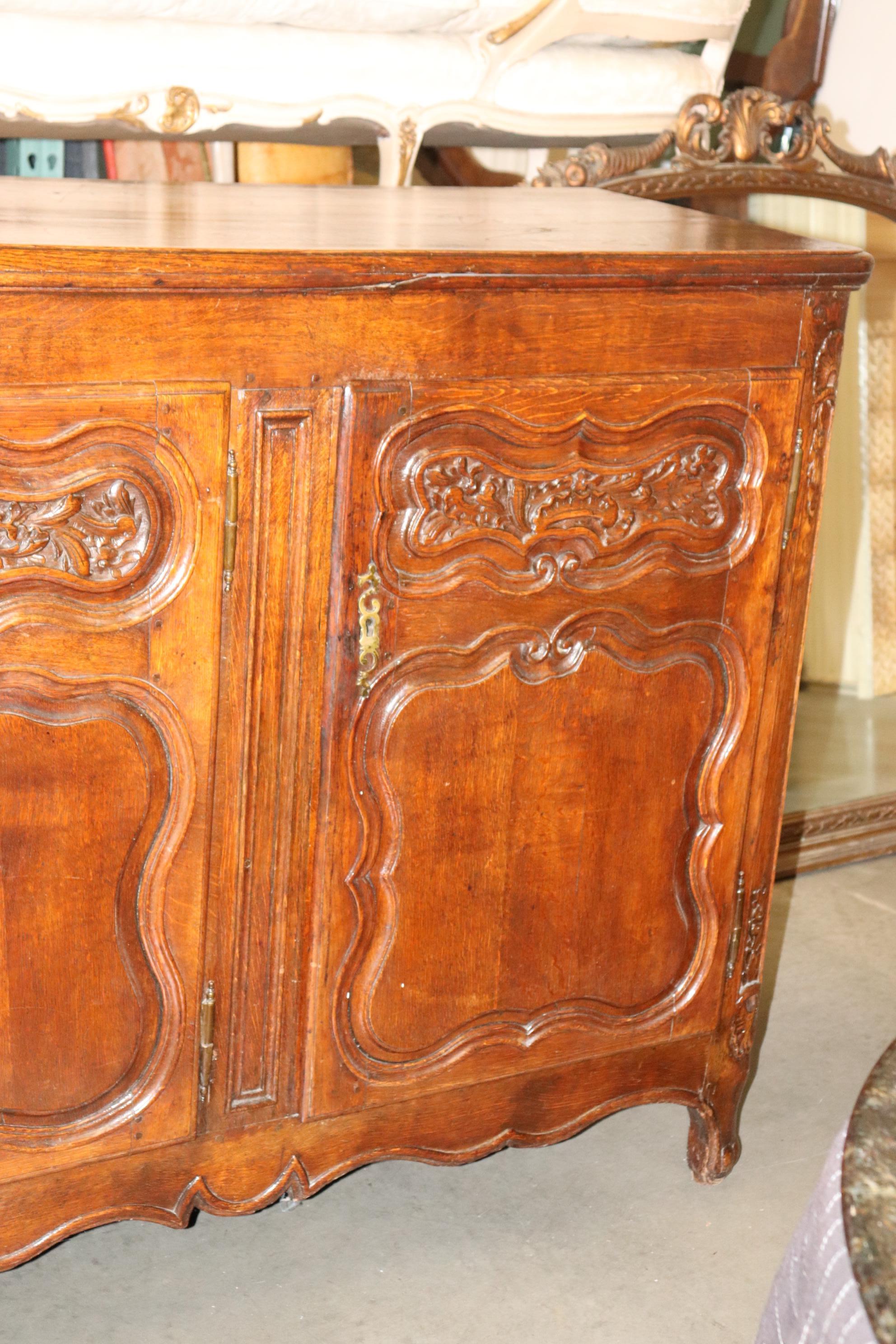 French Provincial Antique 1770s Era Country French Solid Walnut Carved Sideboard Buffet For Sale