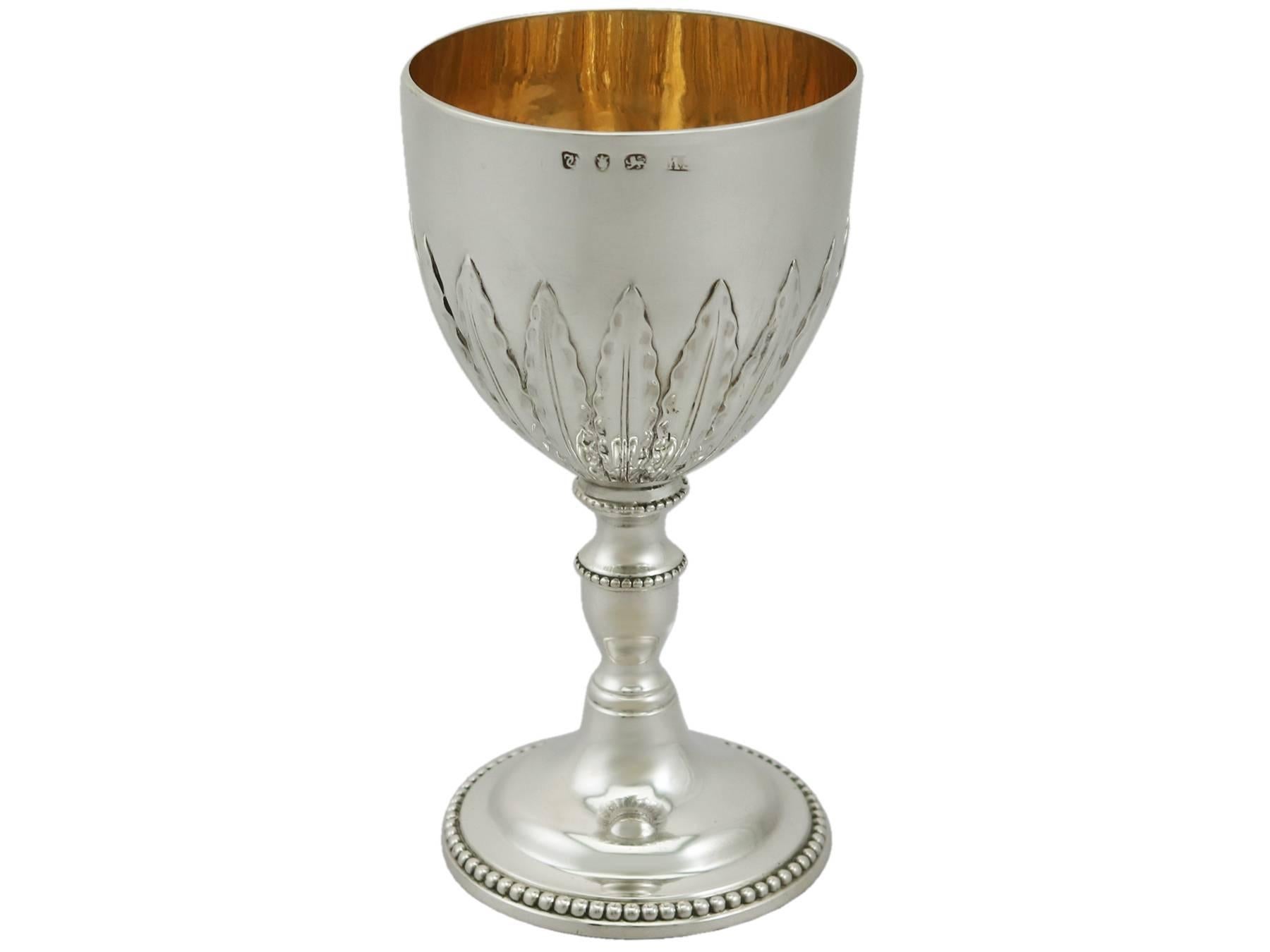 An exceptional, fine and impressive antique Georgian sterling silver goblet made by Charles Wright; an addition to our wine and drinks related silverware collection.

This exceptional antique Georgian sterling silver goblet has a circular bell
