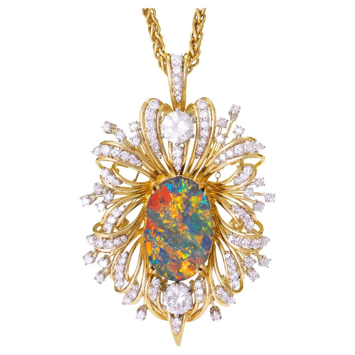 'Opalblüte' Antiker 17,7 Karat schwarzer Opal & 8,03 Karat Diamant-Anhänger und Brosche