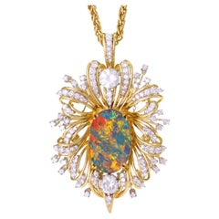 'Opal Blossom' Antique 17.7ct Black Opal & 8.03ct Diamond Pendant and Brooch