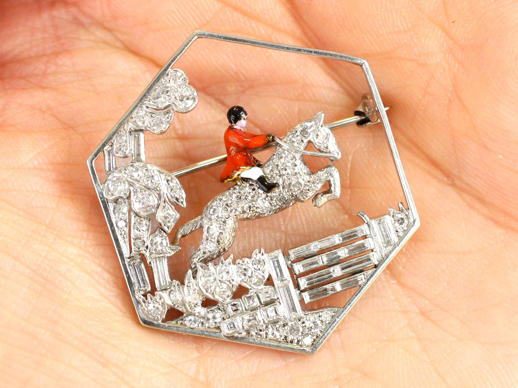 Mixed Cut Antique 1.77ct Diamond, Enamel and Platinum Horse and Huntsman Brooch For Sale