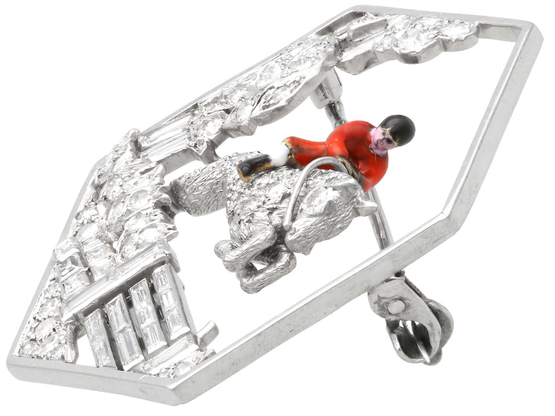 Women's or Men's Antique 1.77ct Diamond, Enamel and Platinum Horse and Huntsman Brooch For Sale