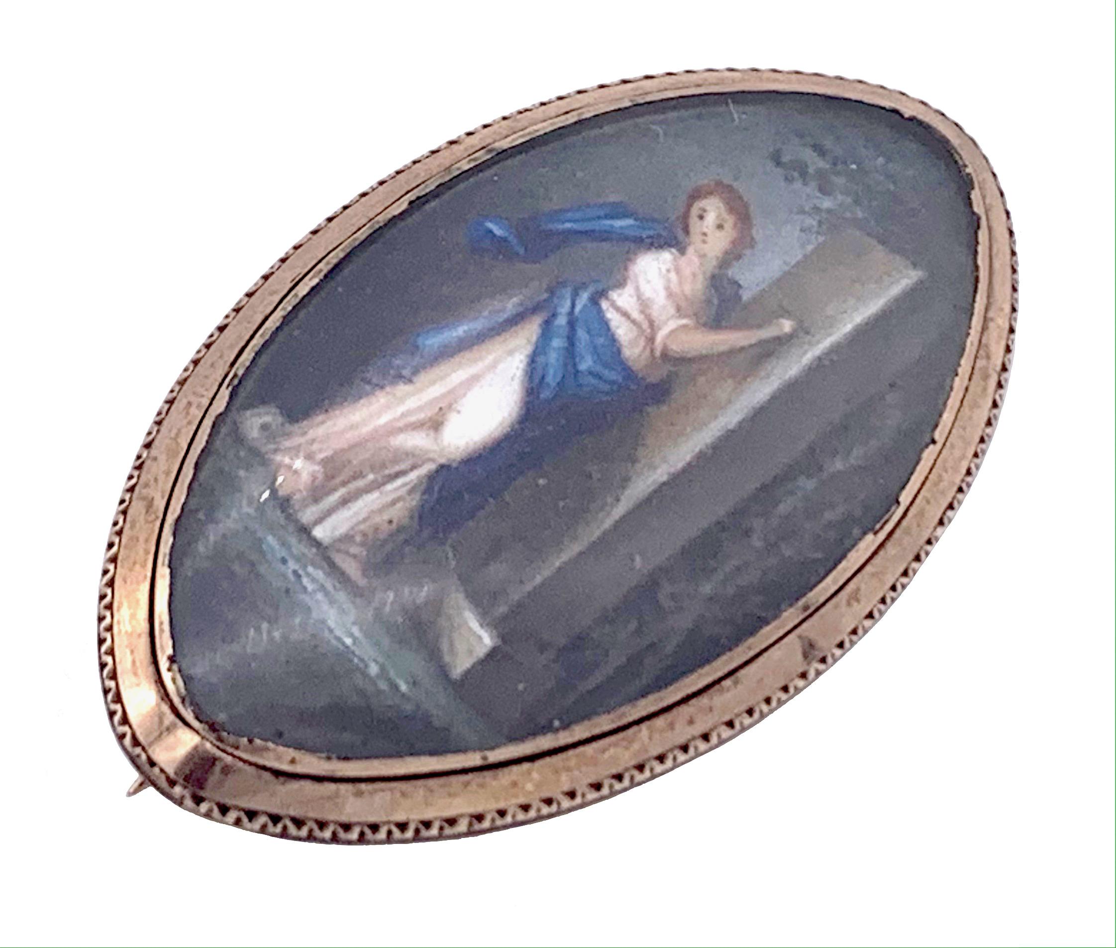 George III Antique 1785 Georgian Handpainted Sentimental Miniature Gold Brooch For Sale