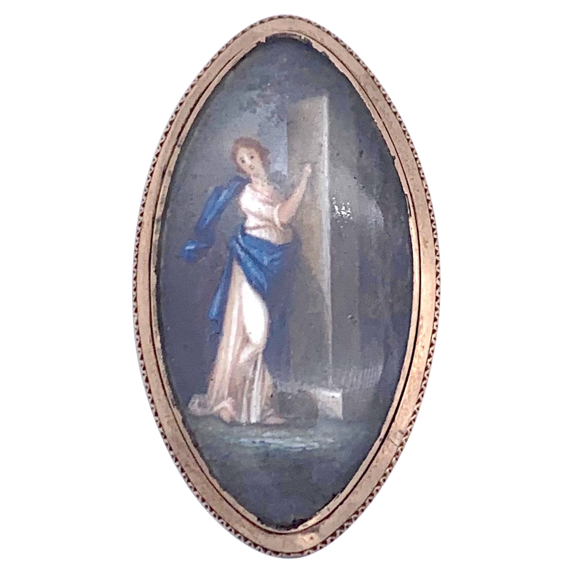 Antica spilla d'oro in miniatura georgiana del 1785, dipinta a mano, di carattere sentimentale