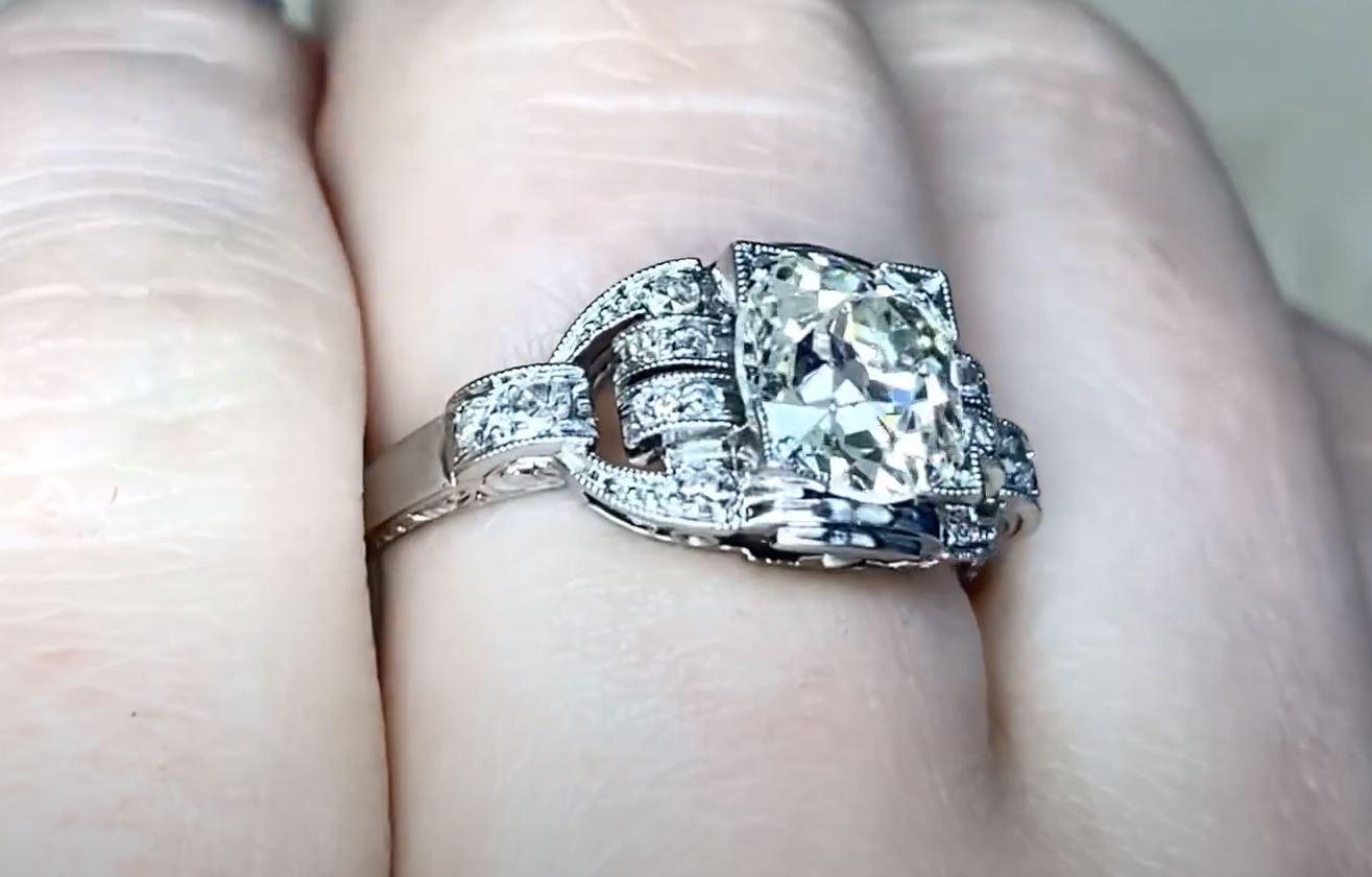 Women's Antique 1.78ct Old European Cut Diamond Engagement Ring, Diamond Halo, Platinum For Sale