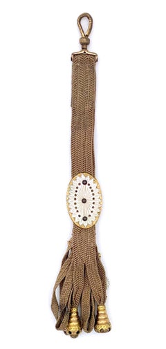 Antique 1790 Chatelaine Miniature Landscape Painting Mother Of Metal Beads Hair