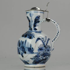 Antique 17th Century Arita Jug with Dutch Silver Lid Japan Edo Period Porcelain