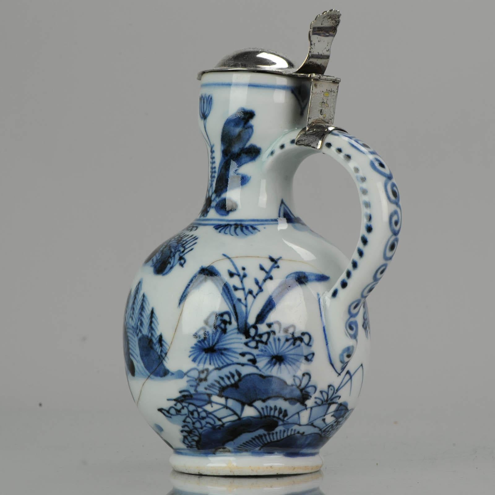 Japanese Antique 17th Century Arita Jug with Dutch Silver Lid Japan Edo Period Porcelain For Sale